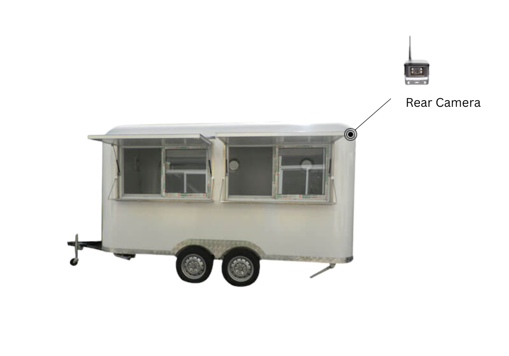 A food concession trailer with large serving windows and an attached outdoor roller grill.