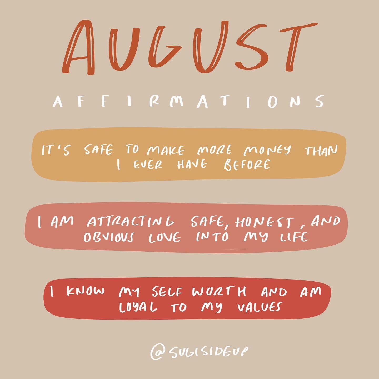 This month&rsquo;s focus is abundance, love, and attracting the love we desire by giving it to outselves too:)

#affirmations #affirm #affirmation #Augustaffirmations #dailyaffirmations #affirmationoftheday #positiveaffirmations