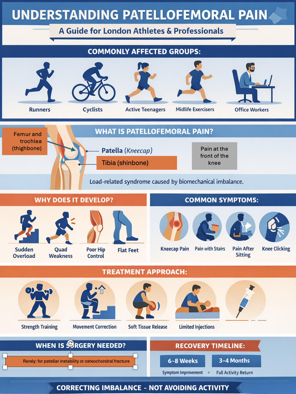 Patellofemoral pain infographic showing kneecap anatomy, causes of runner's knee and rehabilitation exercises