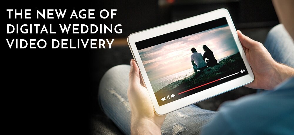 A man sitting on chair watching a wedding video stream on his tablet. Mississauga wedding videographer.