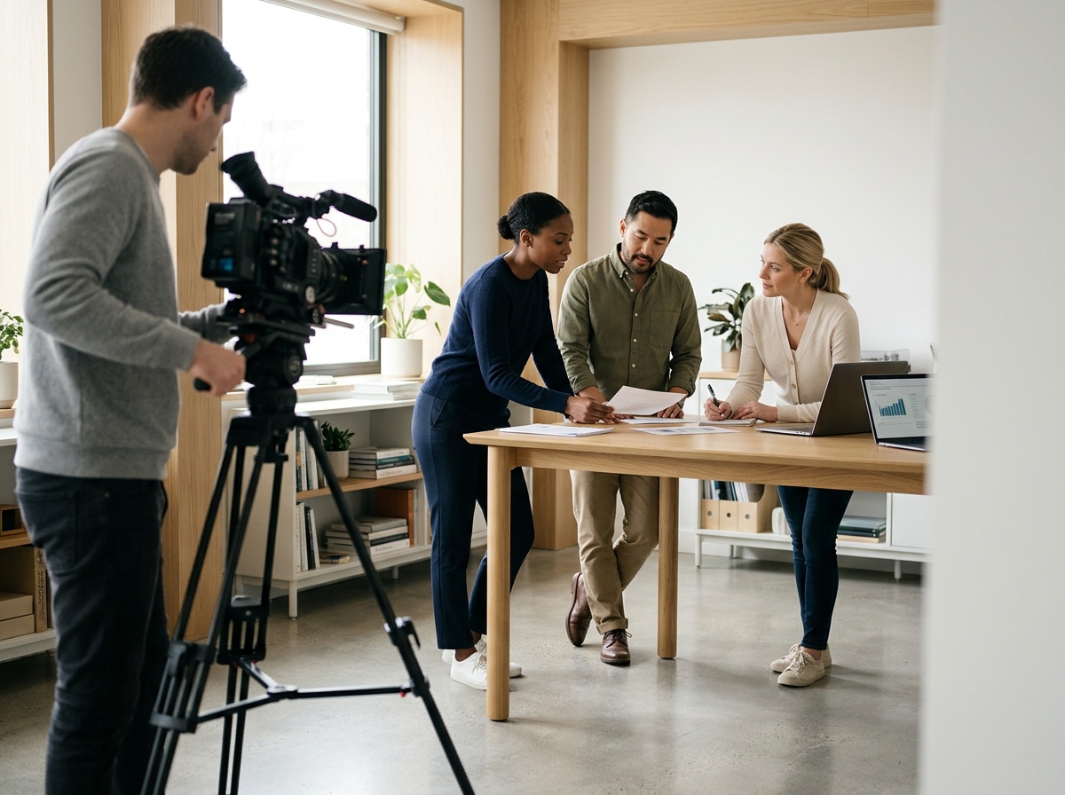 Corporate employees working together while being filmed for a professional business video
