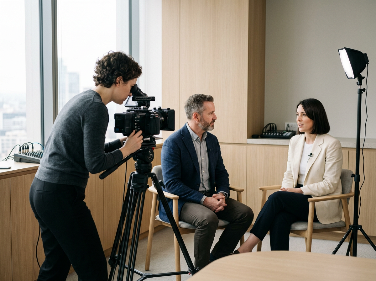 Corporate video production team filming a professional business interview