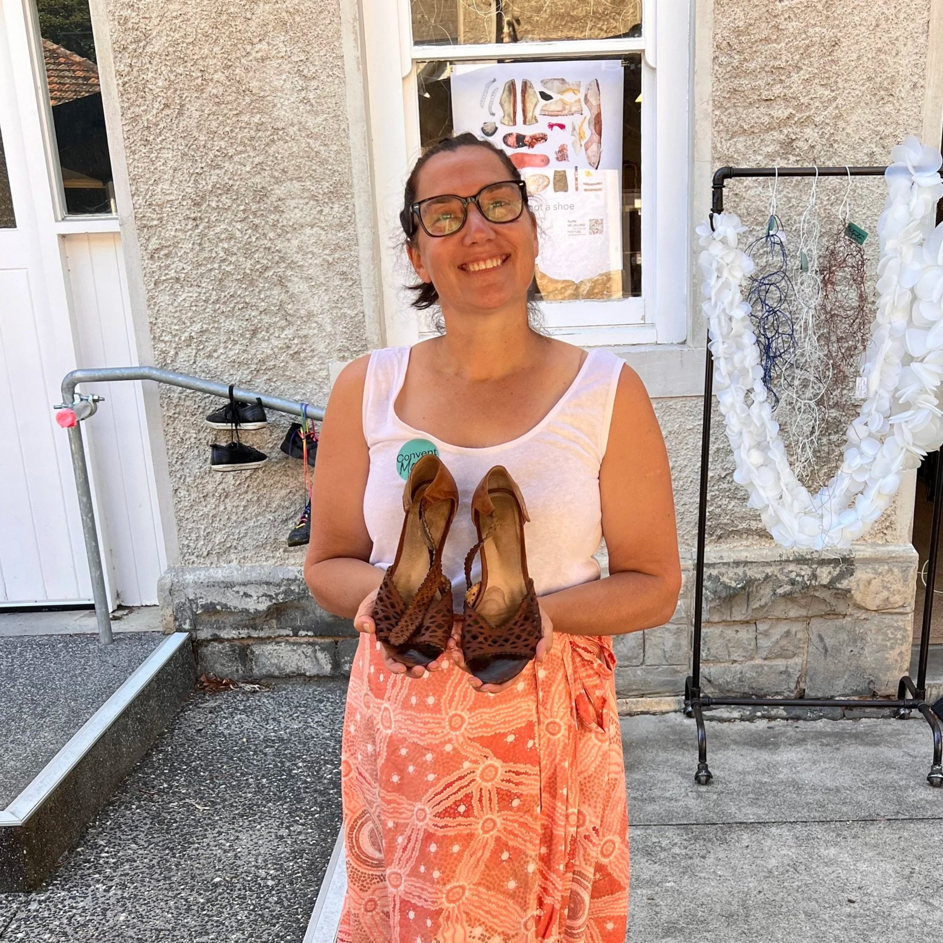 Emma with her shoes outside Pennie Jagiello's studio for the Melbourne Fashion Festival 2026