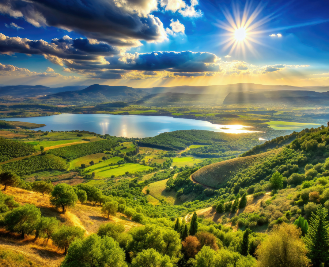 Scenic landscape of a lush green valley with rolling hills, a large lake, and mountains in the background under a partly cloudy sky with the sun shining brightly.