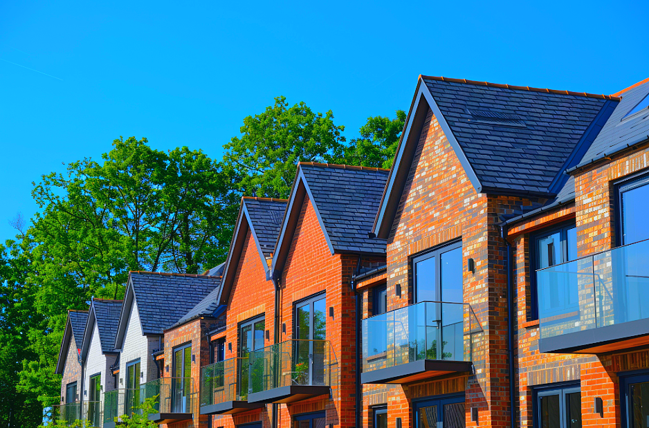 Row of modern brick townhouses with small balconies, black roofs, and large windows against a background of green trees and a blue sky.