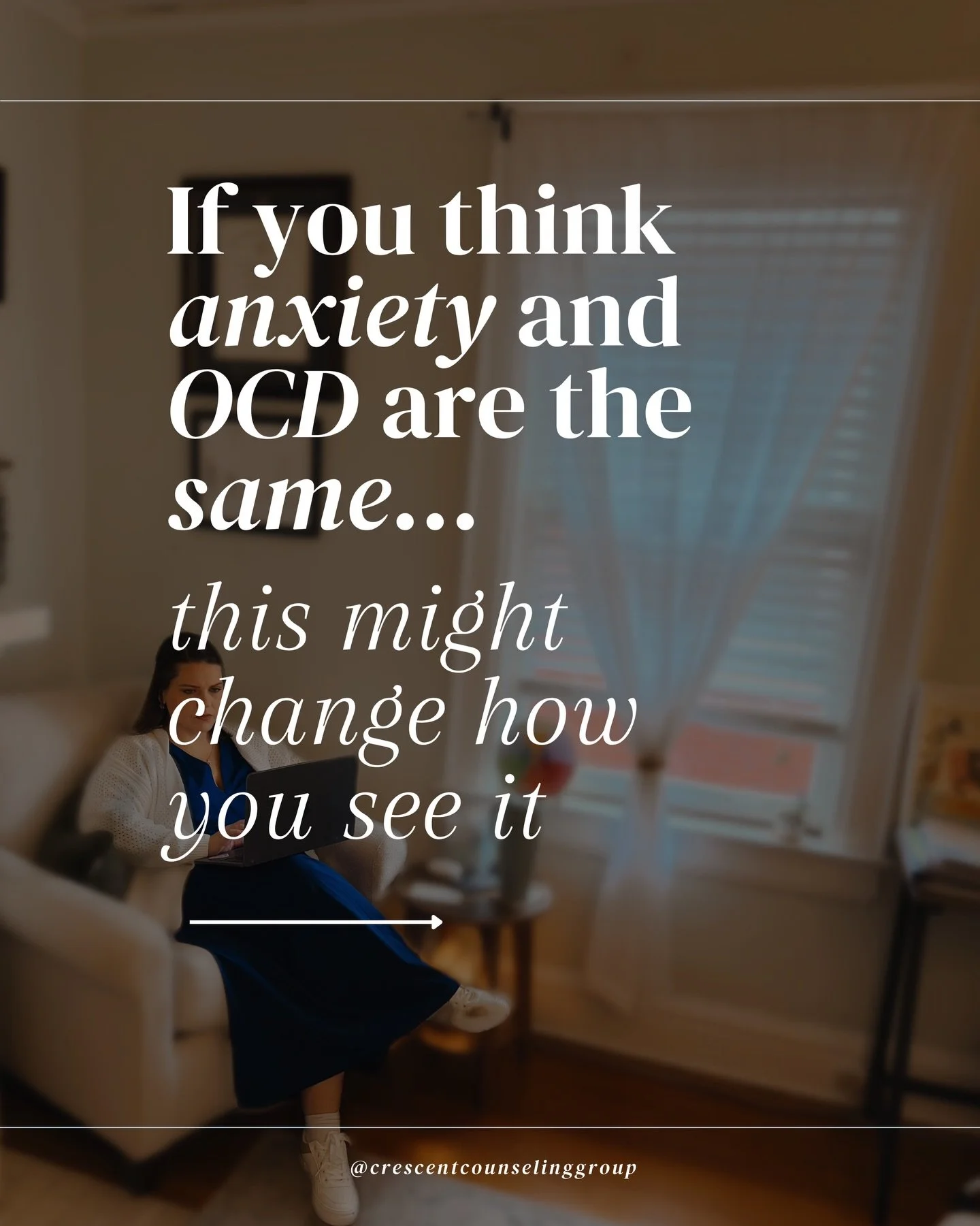 Anxiety and OCD are often grouped together, but they function differently.

Anxiety is typically driven by worry, uncertainty, and fear about potential outcomes.

OCD involves intrusive thoughts that create distress, followed by compulsions or behavi