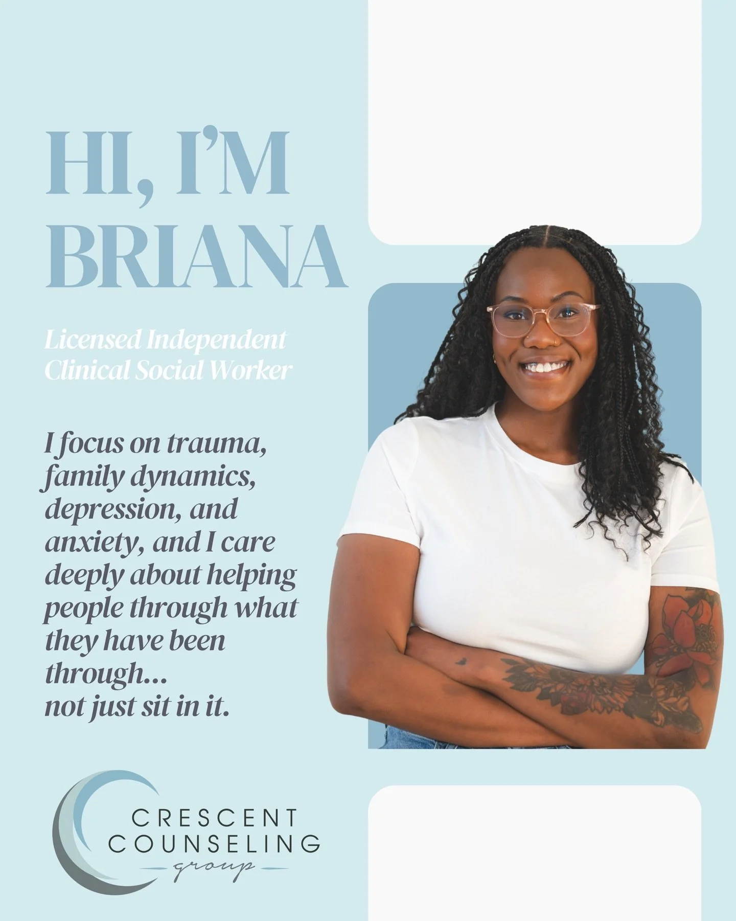 Hi, I&rsquo;m Briana 🤍

A lot of the work I do centers around trauma, family dynamics, depression, and anxiety, and I care deeply about helping people move through what they&rsquo;ve been through&hellip; not just sit in it.

My path into this work i