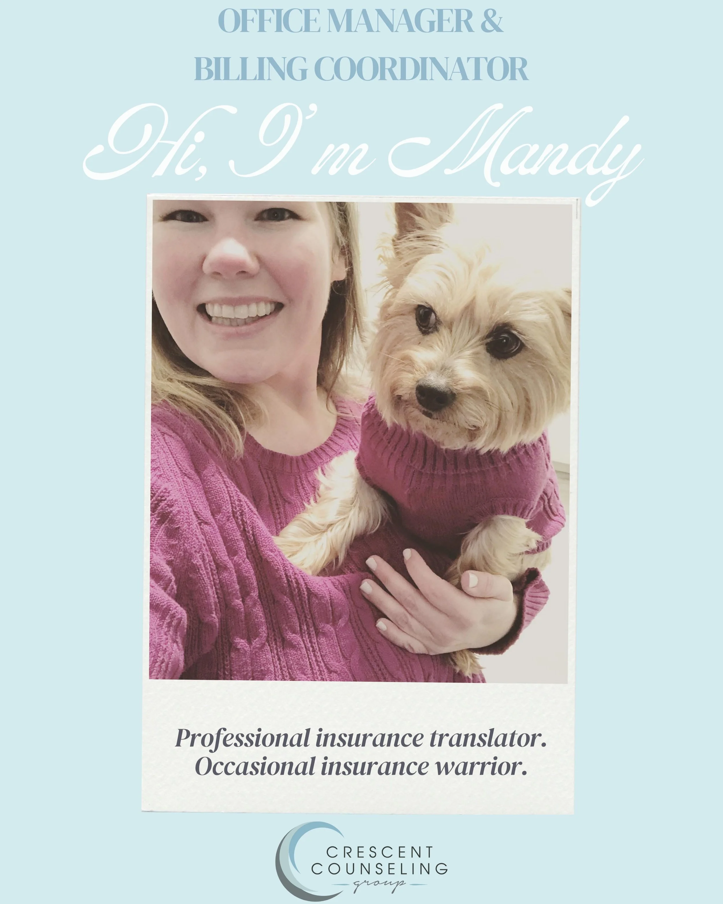 Hi, I&rsquo;m Mandy 🤍
If you&rsquo;ve ever called, texted, emailed, or had a question about getting started with Crescent Counseling Group, there&rsquo;s a good chance we&rsquo;ve already talked.

While the therapy team does the incredible work in s