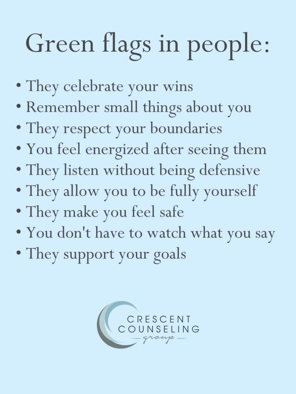 Green flags: when you can stop walking on eggshells and just be yourself. 💚 

#greenflags #therapy #healthyrelationships