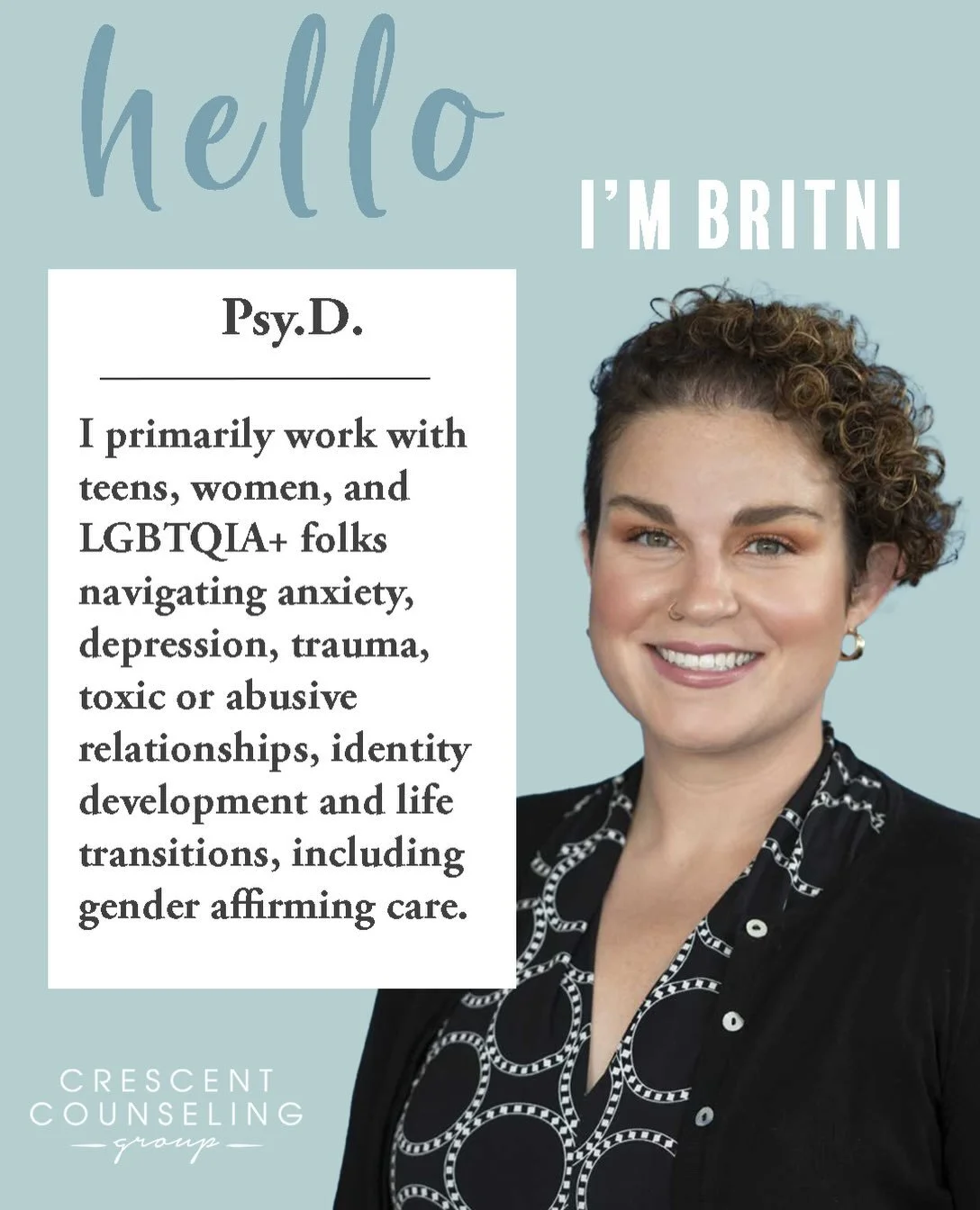 Hi I&rsquo;m Britni ✨ 
My love for psychology began during my undergraduate years at Marshall, and I&rsquo;ve been fascinated by the brain, human behavior, and the process of change ever since. As a therapist, I value genuine connection and creating 