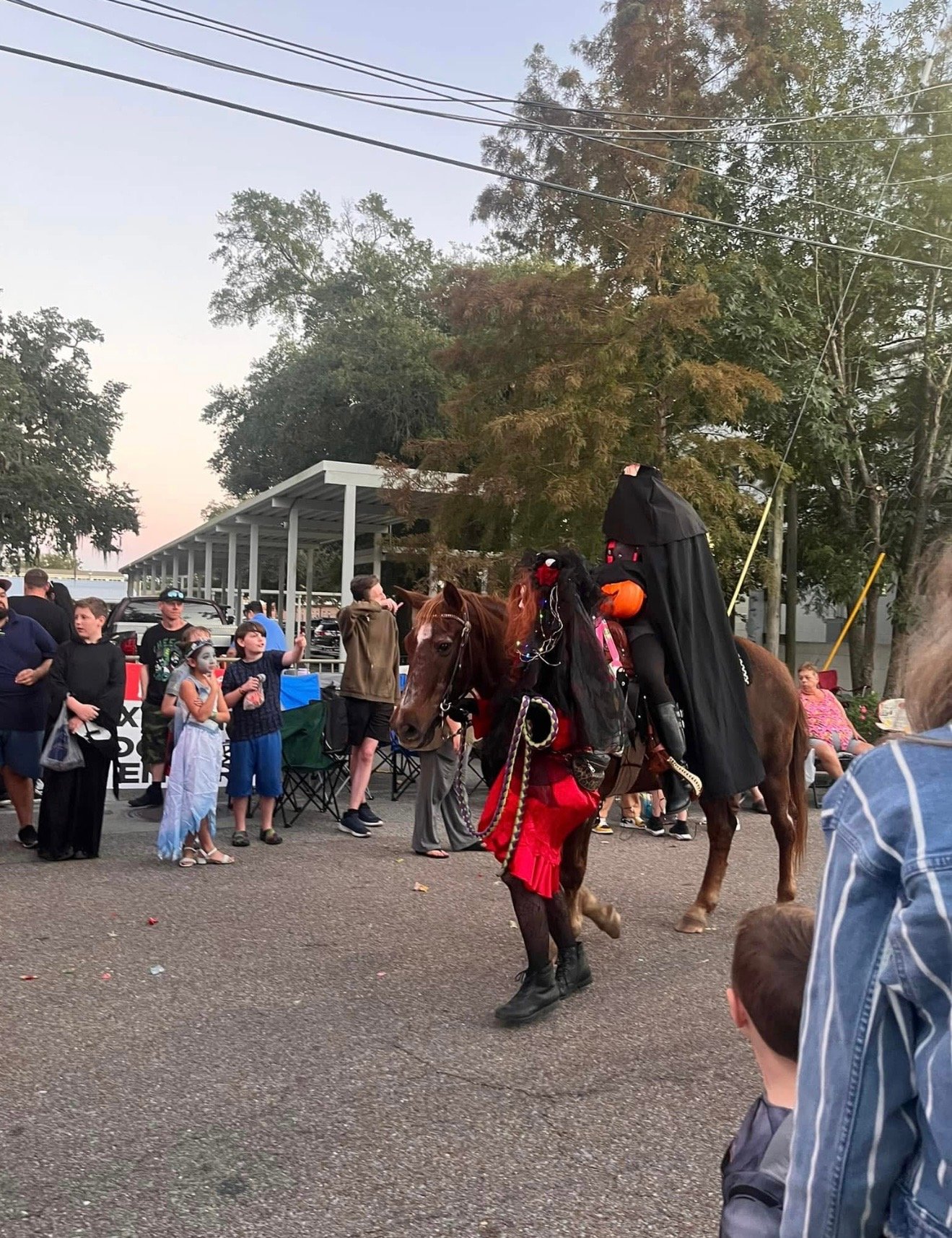 People gather in an outdoor setting to watch a horse rider dressed in a costume resembling a witch or a black cloak riding a horse surrounded by trees and parked cars.