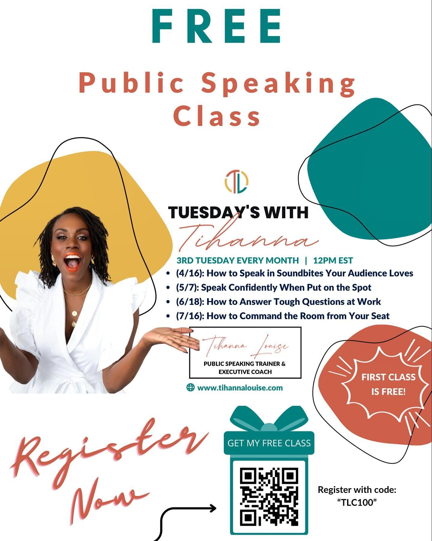 🎤 Got public speaking goals? 🌟

Join me for a LIVE, interactive public speaking class on 4/16! Dive into an hour of dynamic learning designed to elevate your communication skills. 🚀

In this session, you&rsquo;ll master one essential public speaki