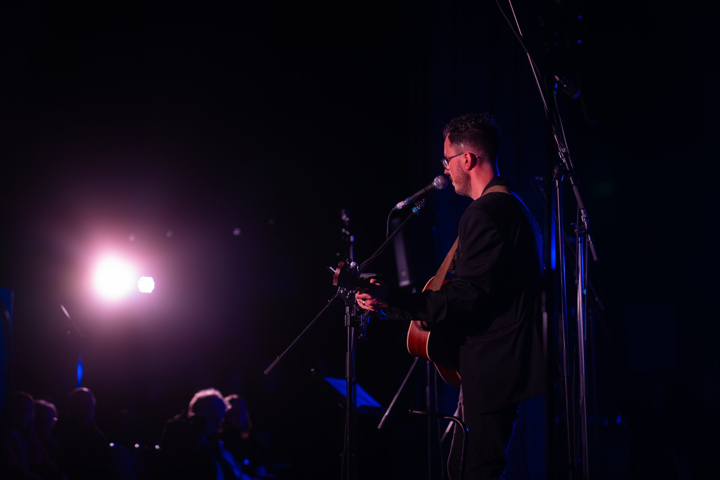 Musician playing guitar and singing into microphone on stage with spotlight.