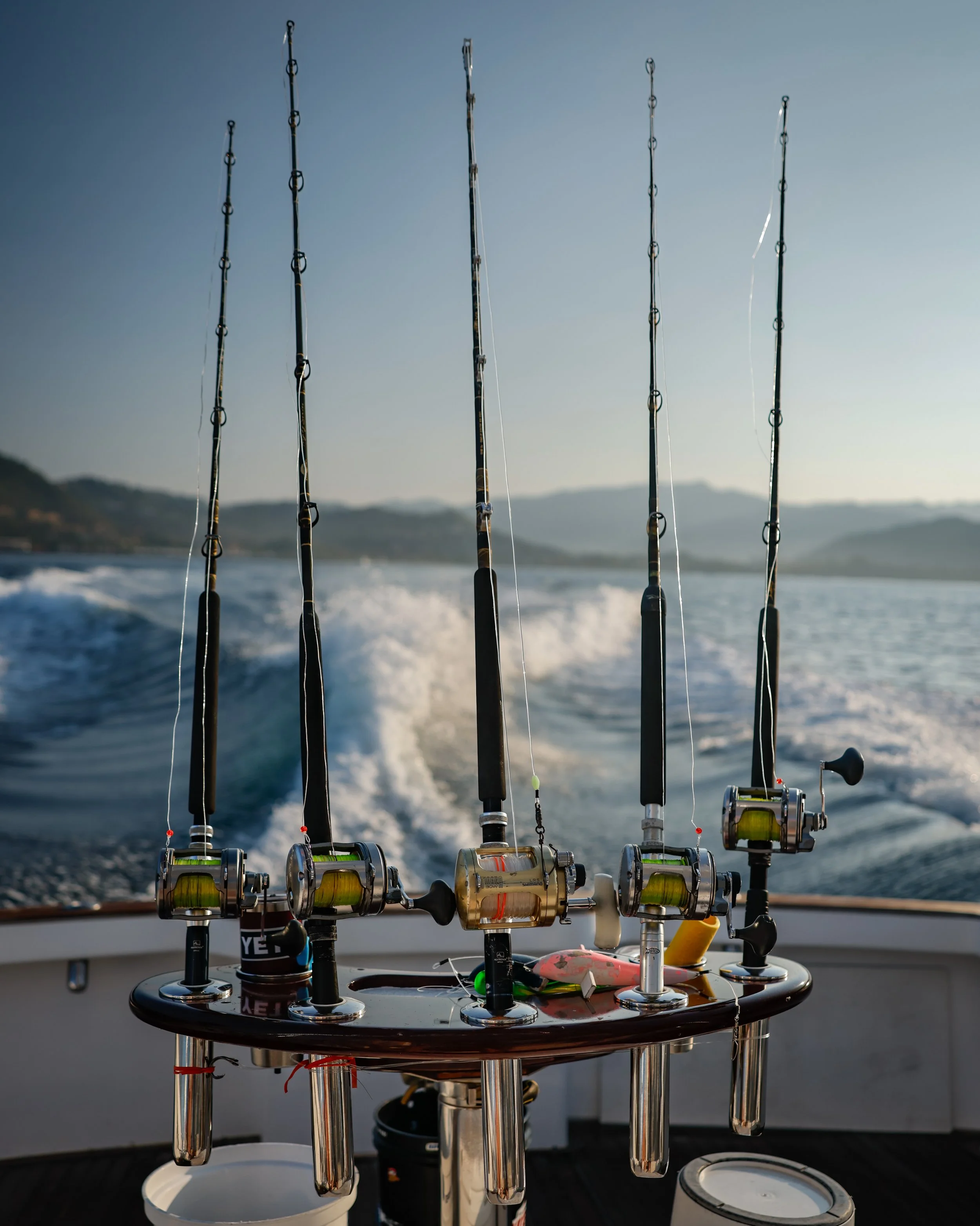 Five fishing rods mounted on a boat with water and distant land in the background.