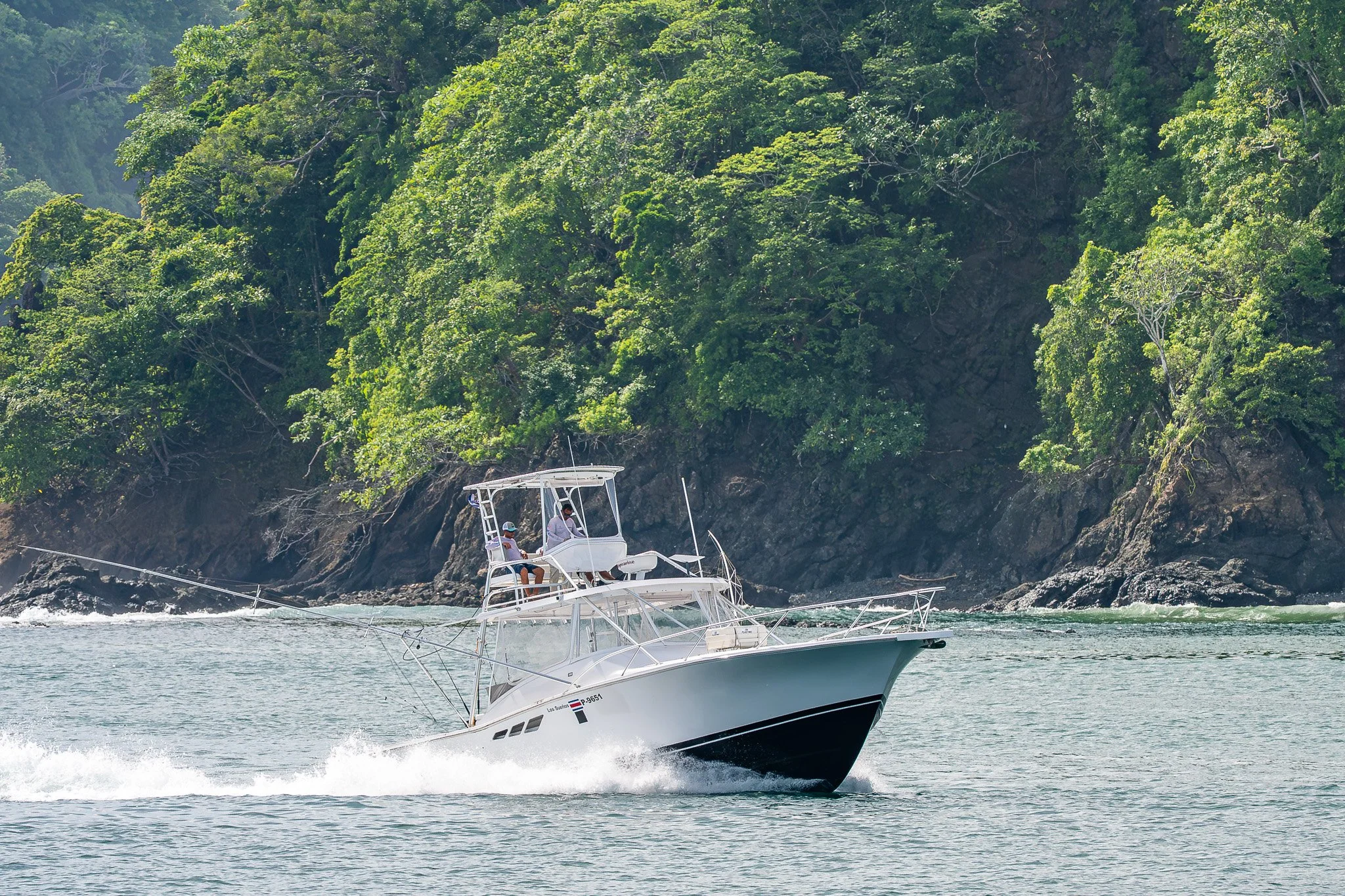 A white yacht sailing in calm water near a lush green, rocky shoreline with trees.