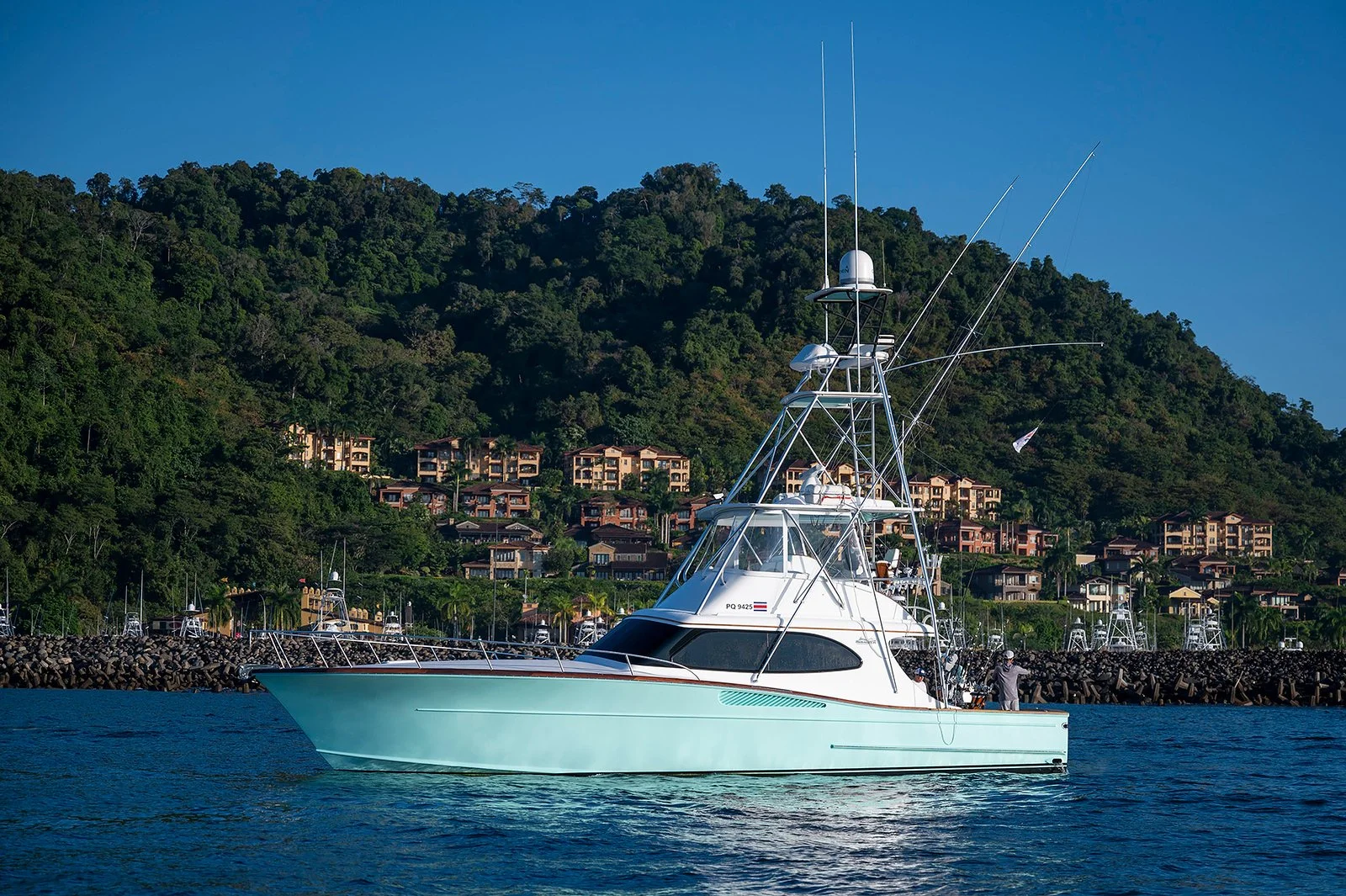A white yacht sailing on calm water with a hillside, green trees, and houses in the background under a clear blue sky.
