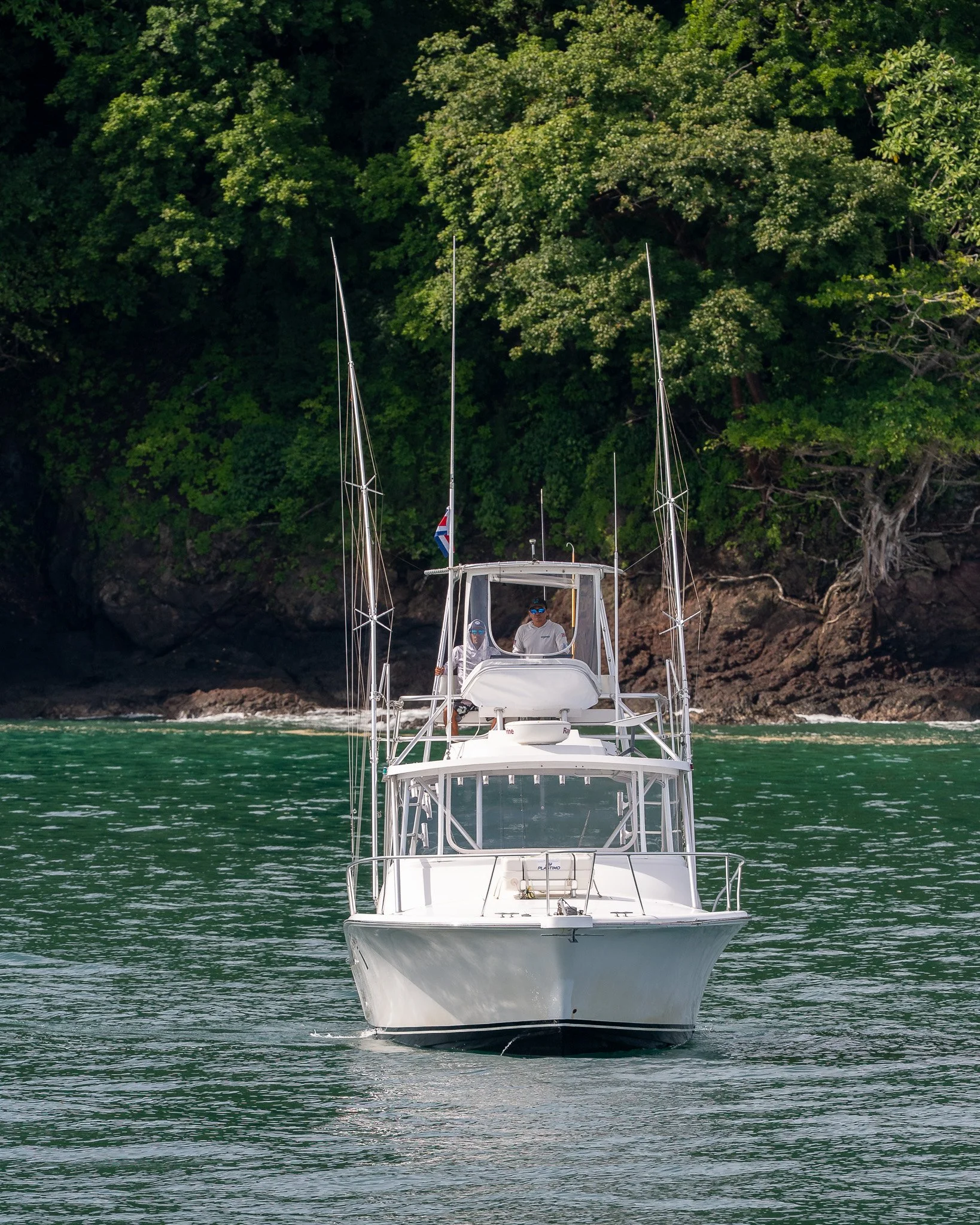 A white yacht sailing towards the camera on calm green waters off a rocky shoreline with lush green trees.