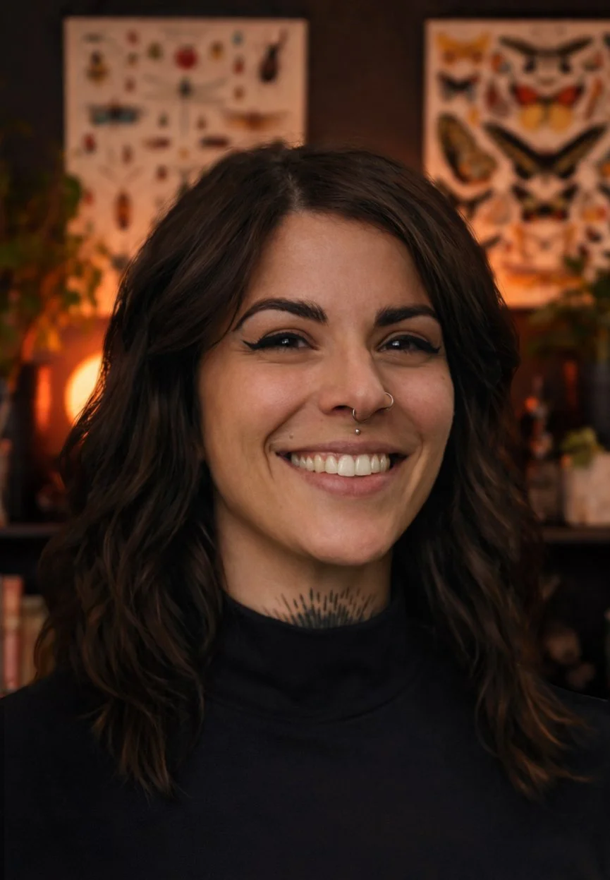 Jenna Giuliani Licensed Massage Therapist Richmond VA. A woman with dark wavy hair, wearing a black turtleneck, smiling in a warmly lit room with butterfly and insect posters on the wall behind her.