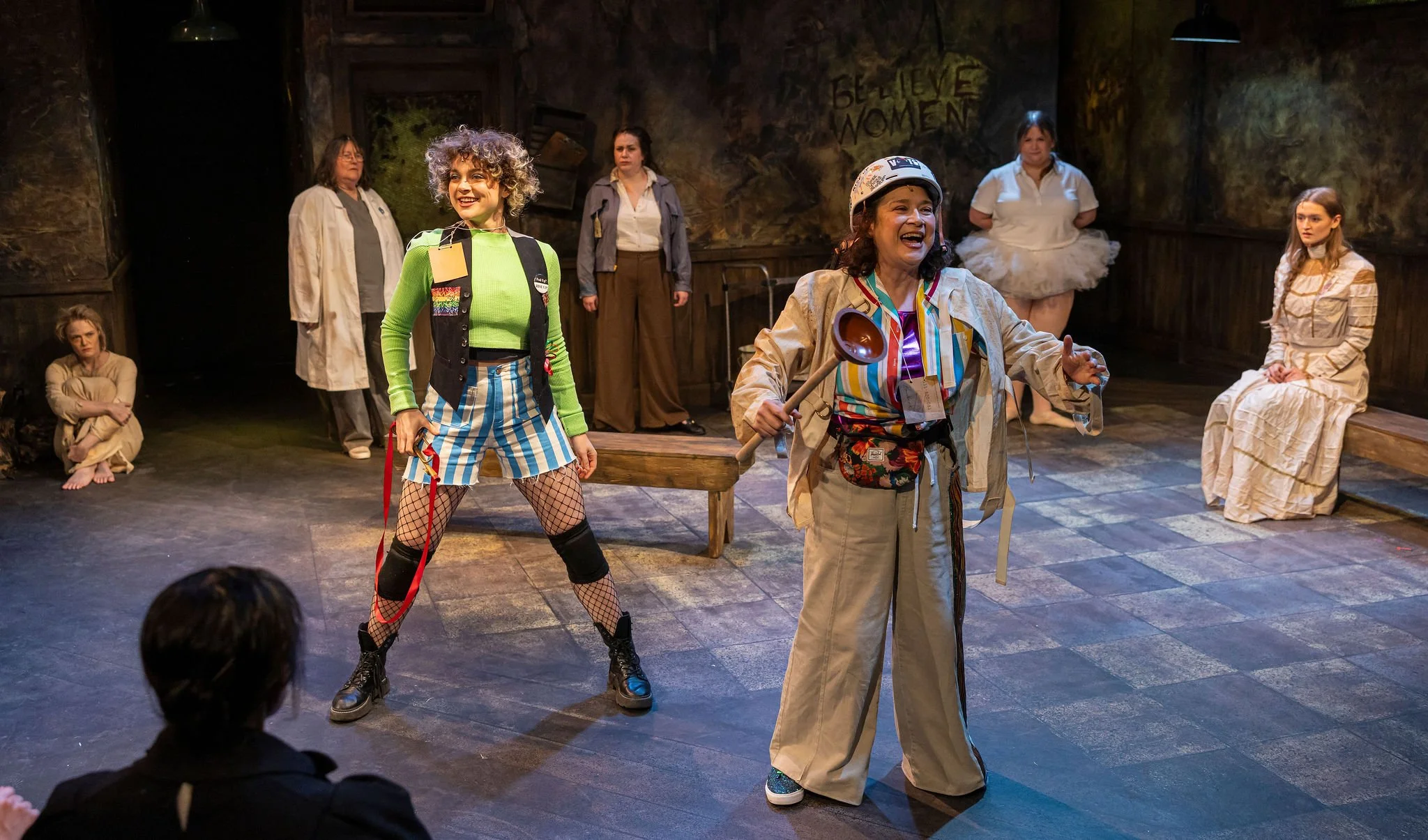 (center) Cricket James as Sancho and Cynthia Dario-Good as Don Quixote  in MAN OF LA MANCHA at Reboot Theatre Company.