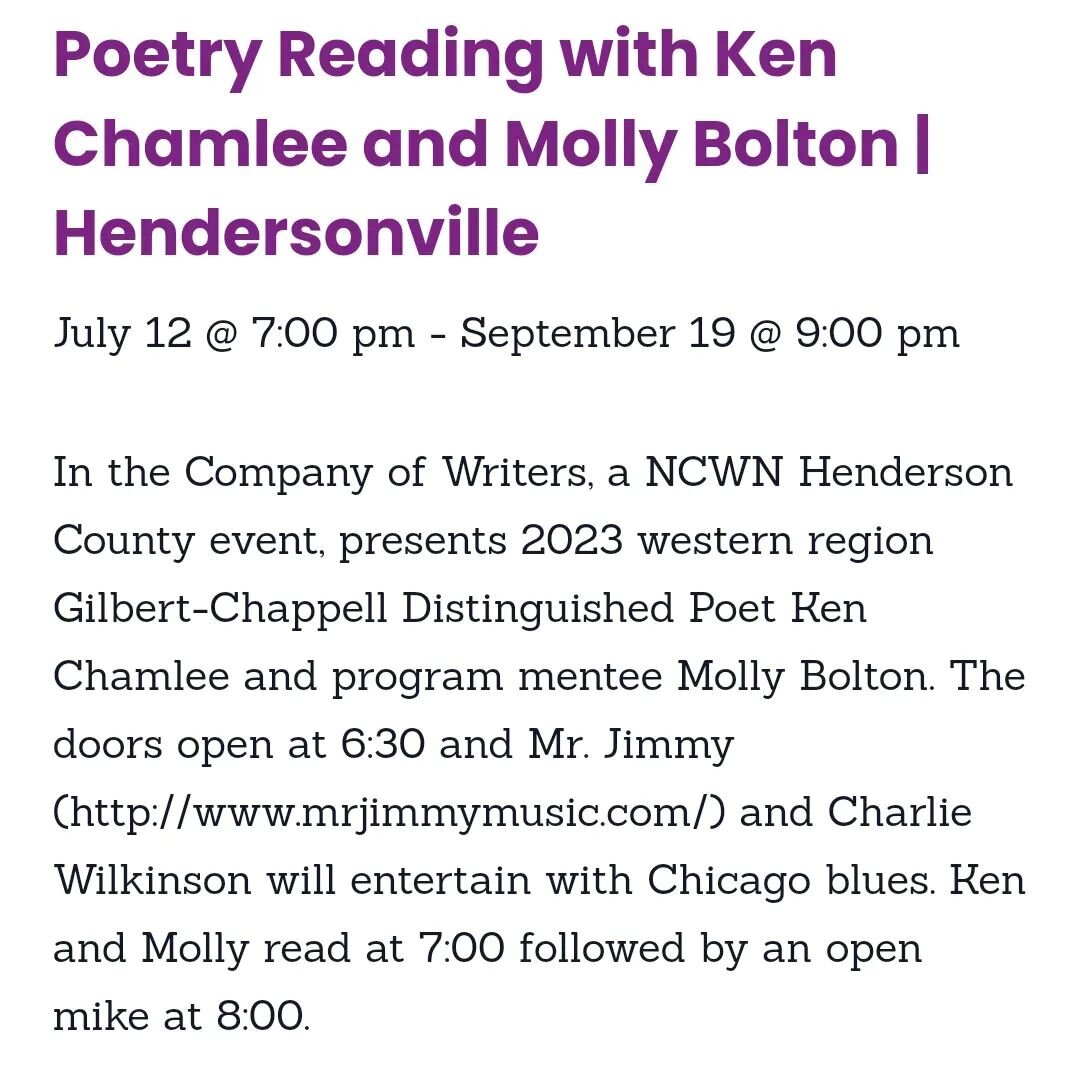 If anyone is near Hendersonville on July 12, you can see my very pregnant self reading some poems with a poetry mentor of mine 💫