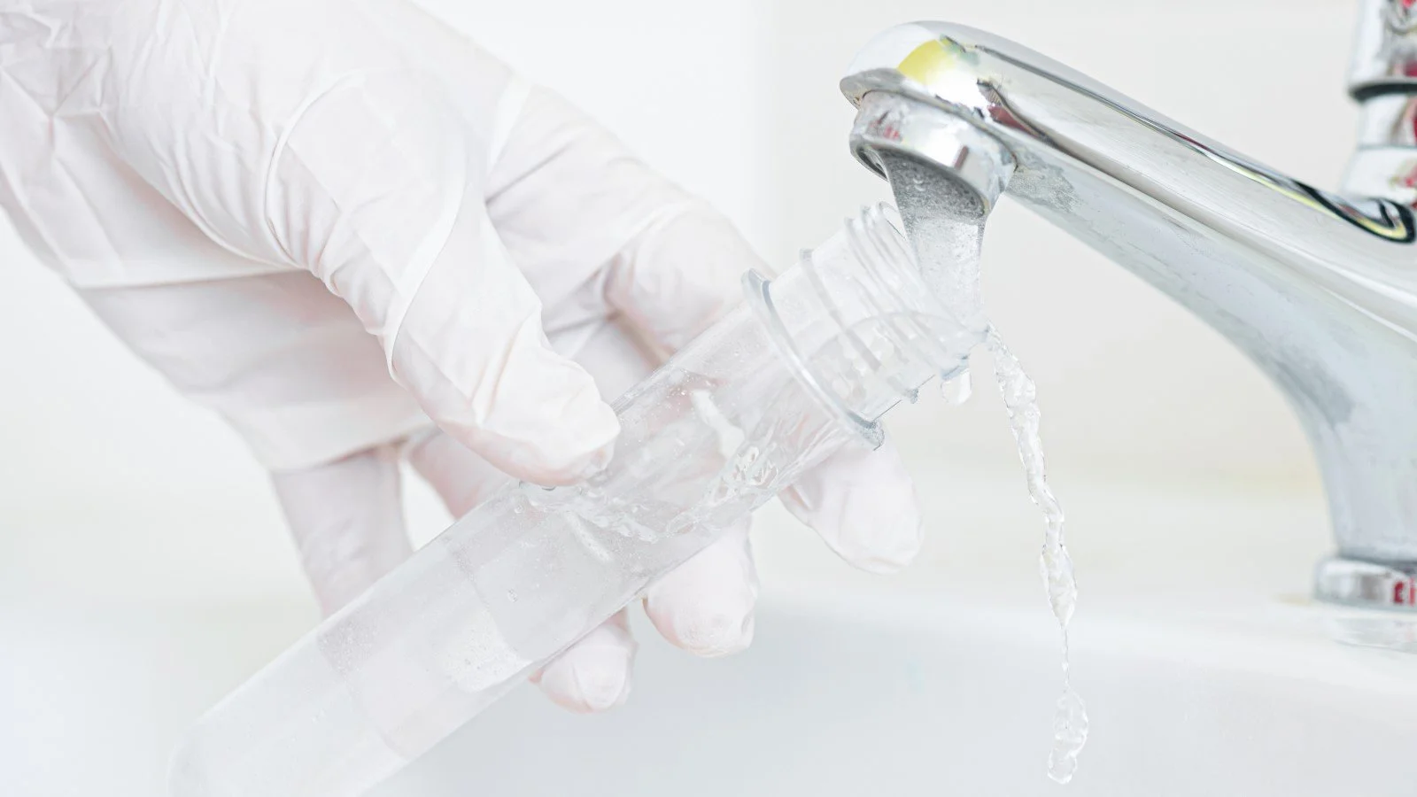 Filling a vial with tap water from a faucet for water quality testing