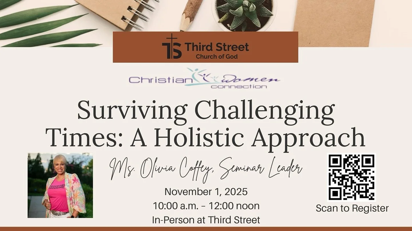 Excited to speak at the Christian Women’s Connection at Third Street Church of God for their Health & Wellness Event — “Surviving Challenging Times: A Holistic Approach.”
🗓 Nov. 1, 2025 | 🕙 10AM–12PM
I’ll b