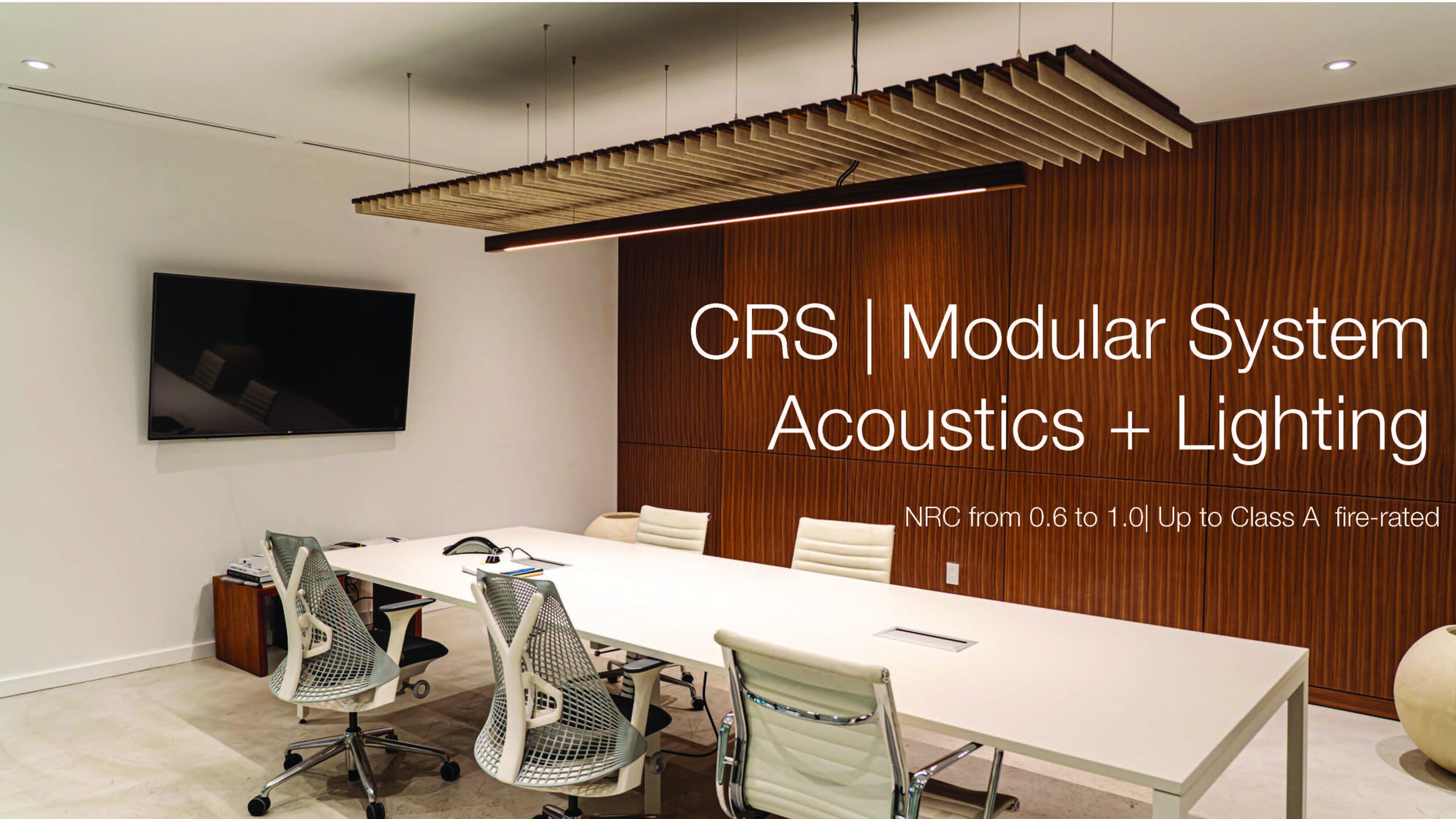  Meeting room acoustic system for offices and conference rooms with slat design and architectural detailing.  