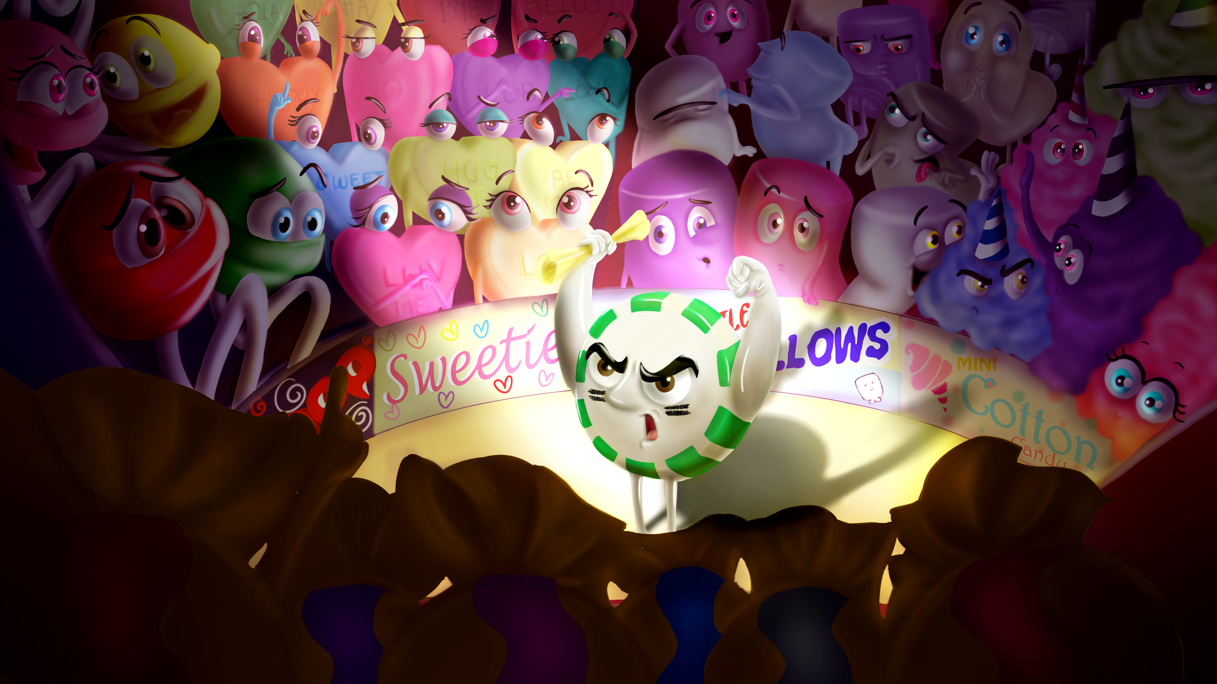 "Sweet meeting" 
After Smint the Mint came to life, he realized the rest of the candies were too. He had the initiative to reunite everyone and convince them to fight the evil person that closed all the candy stores. 
He still have hope to be eaten a