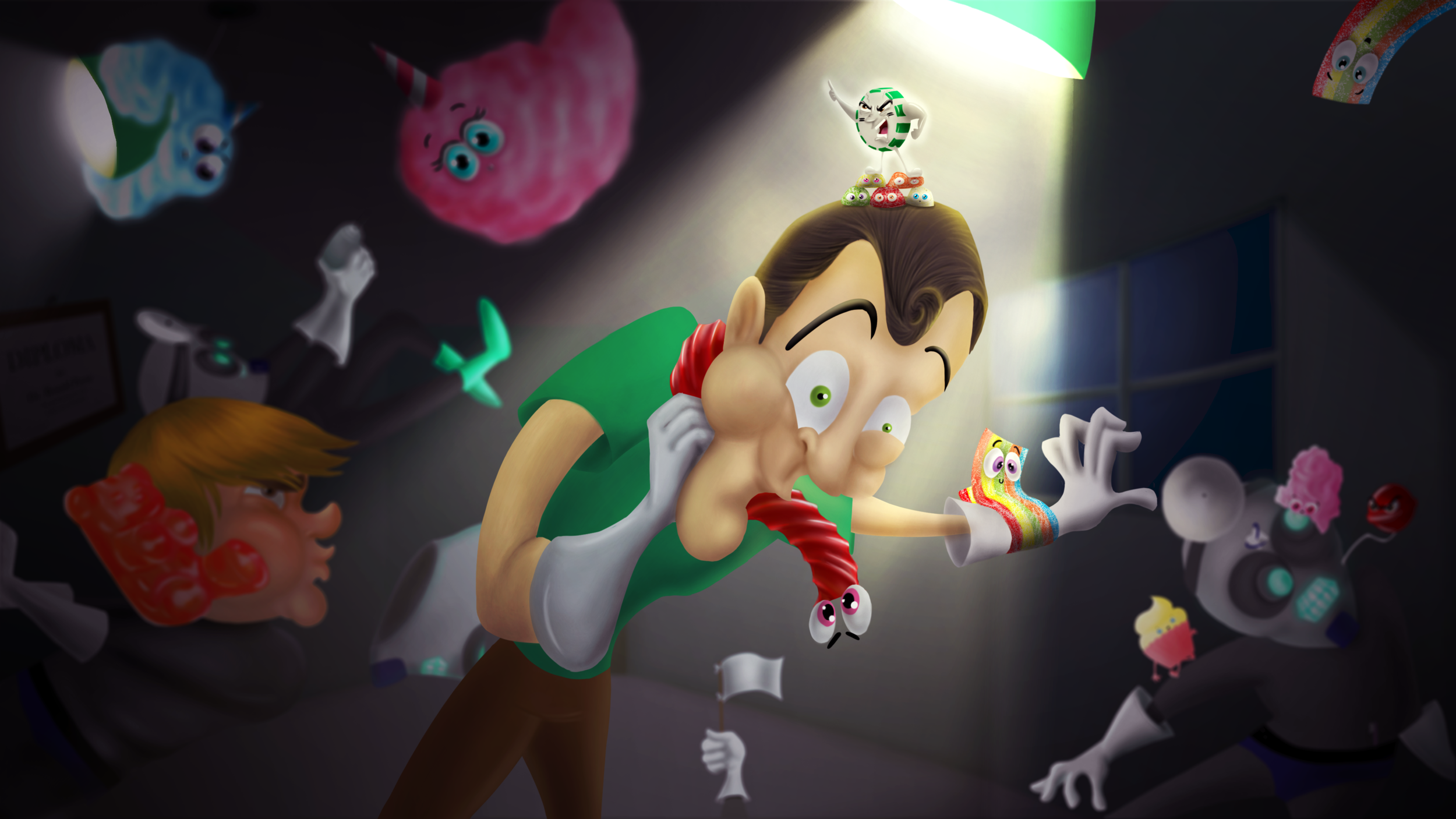 "Fight with evil dentist"
After a series of adventures they finally found who was the one behind the closing of the candy stores so all of the candies decided to fight the evil dentist.