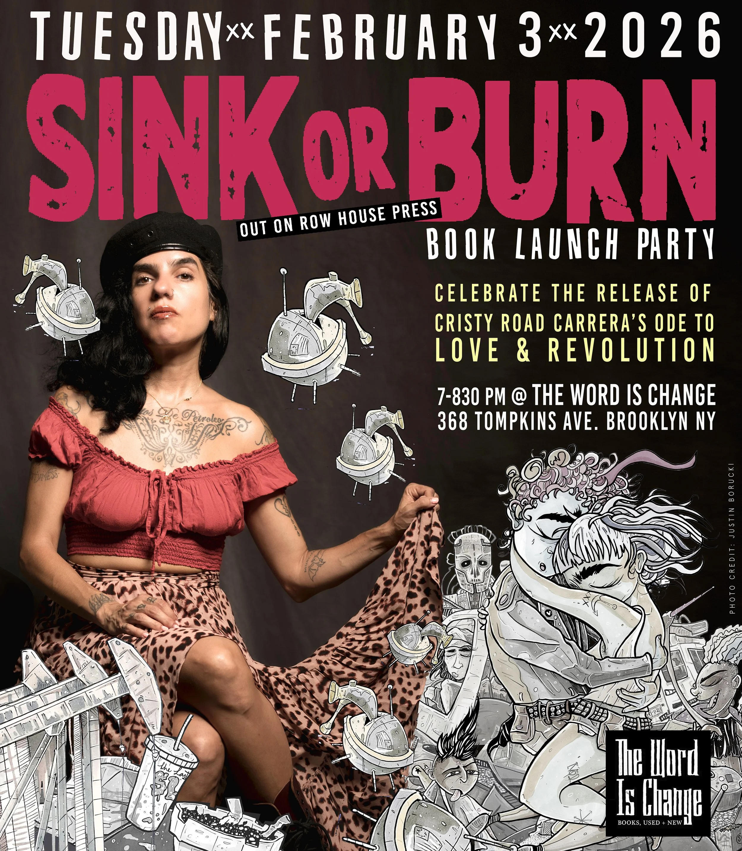 Flyer for Sink or Burn book launch with info repeated below