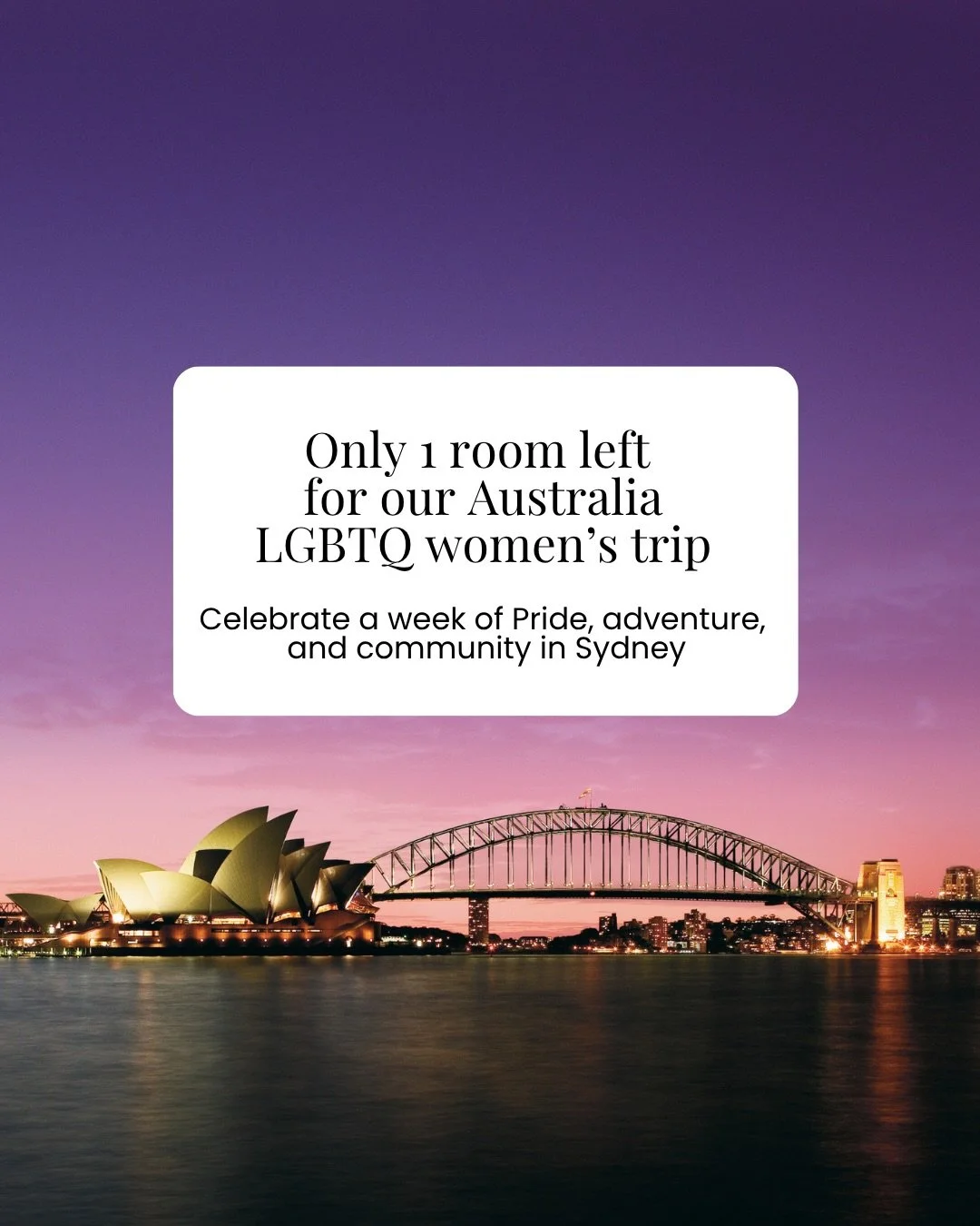 Only 1 room left for our Australia LGBTQ+ women&rsquo;s group trip 🇦🇺

From March 2&ndash;8, experience Sydney during the world-famous Mardi Gras celebration while exploring one of the most iconic destinations on the planet with an incredible commu