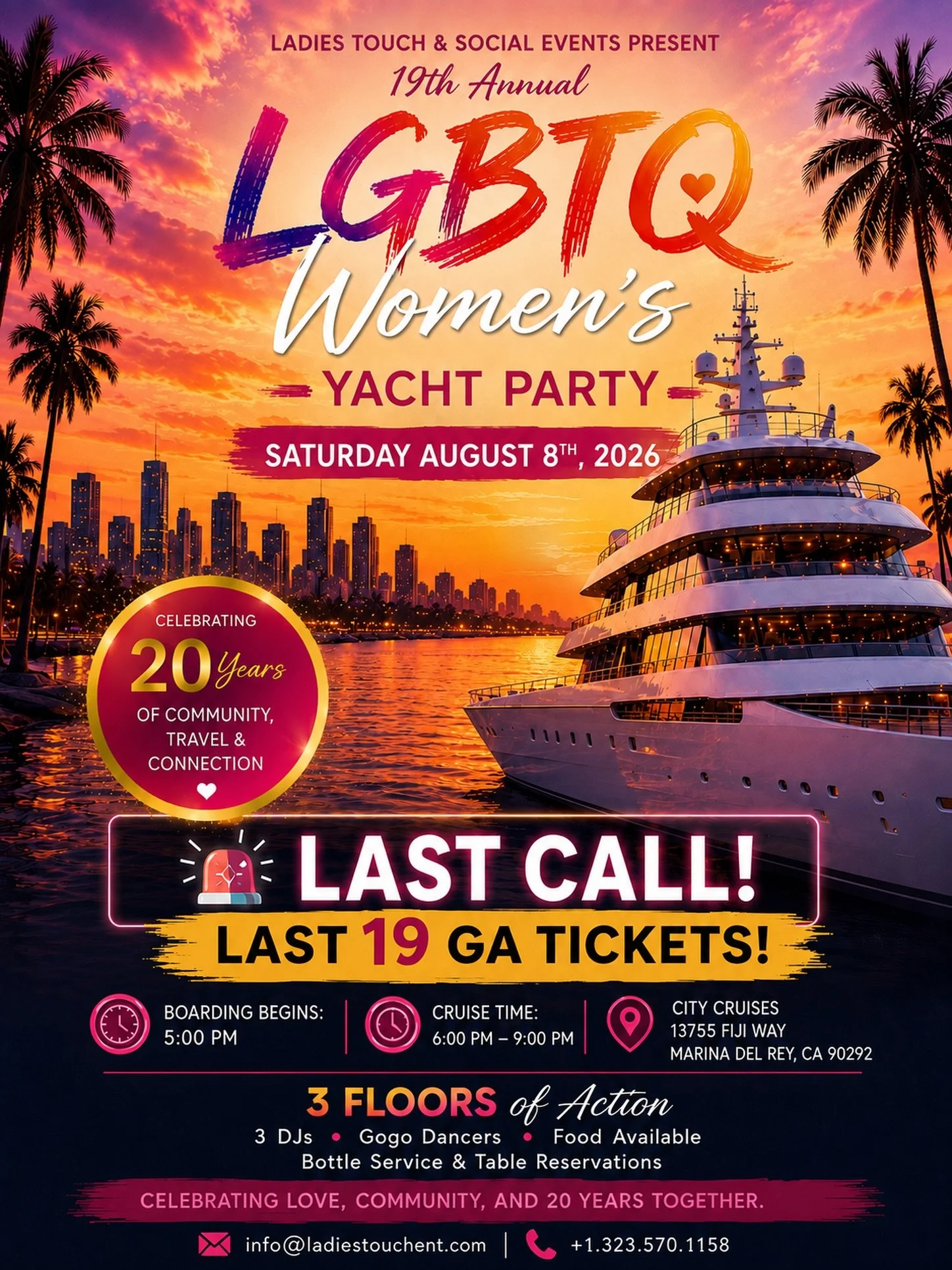 🚨 LAST CALL! 

Just 19 General Admission tickets remain for this Saturday&rsquo;s 19th Annual LGBTQ Women&rsquo;s White Attire Yacht Party.

✨ Tables are officially SOLD OUT.

🎟️ Grab one of the last GA tickets through the link in our bio before th
