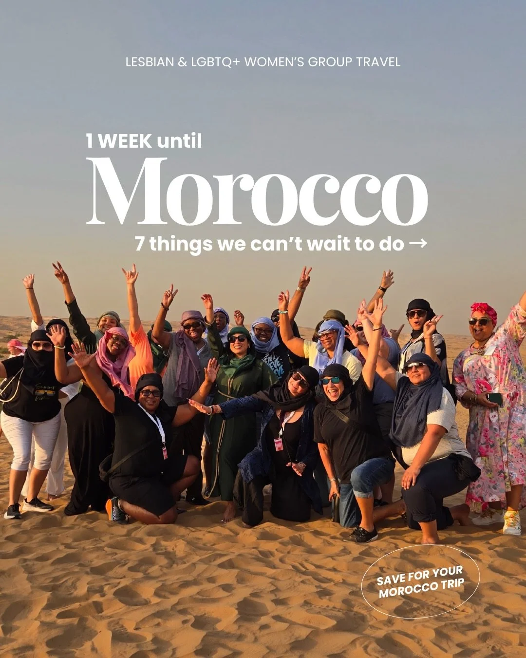 ONE WEEK until Morocco with an incredible group of LGBTQ+ women.&nbsp;

We can&rsquo;t wait to explore Marrakech + the Agafay Desert, from beautiful palaces and local craftsmanship to rooftop nights, Jemaa el-Fna, desert adventures + everything in be