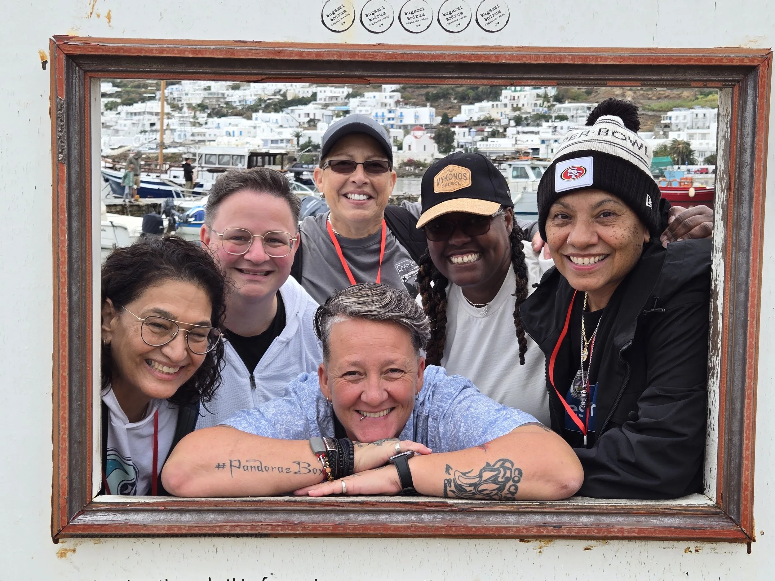 Lesbian travelers on a Virgin Voyages cruise excursion in Greece with Ladies Touch