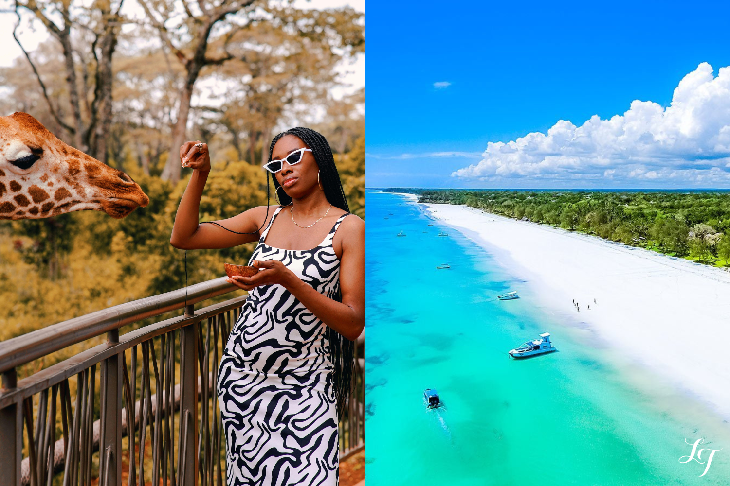 Traveler feeding a giraffe and aerial view of Kenya’s white sand beach