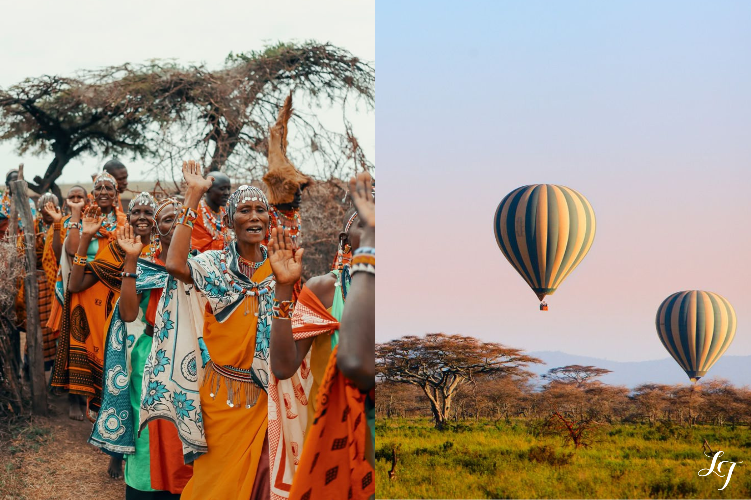 Maasai cultural celebration and hot air balloons over the Kenyan savannah