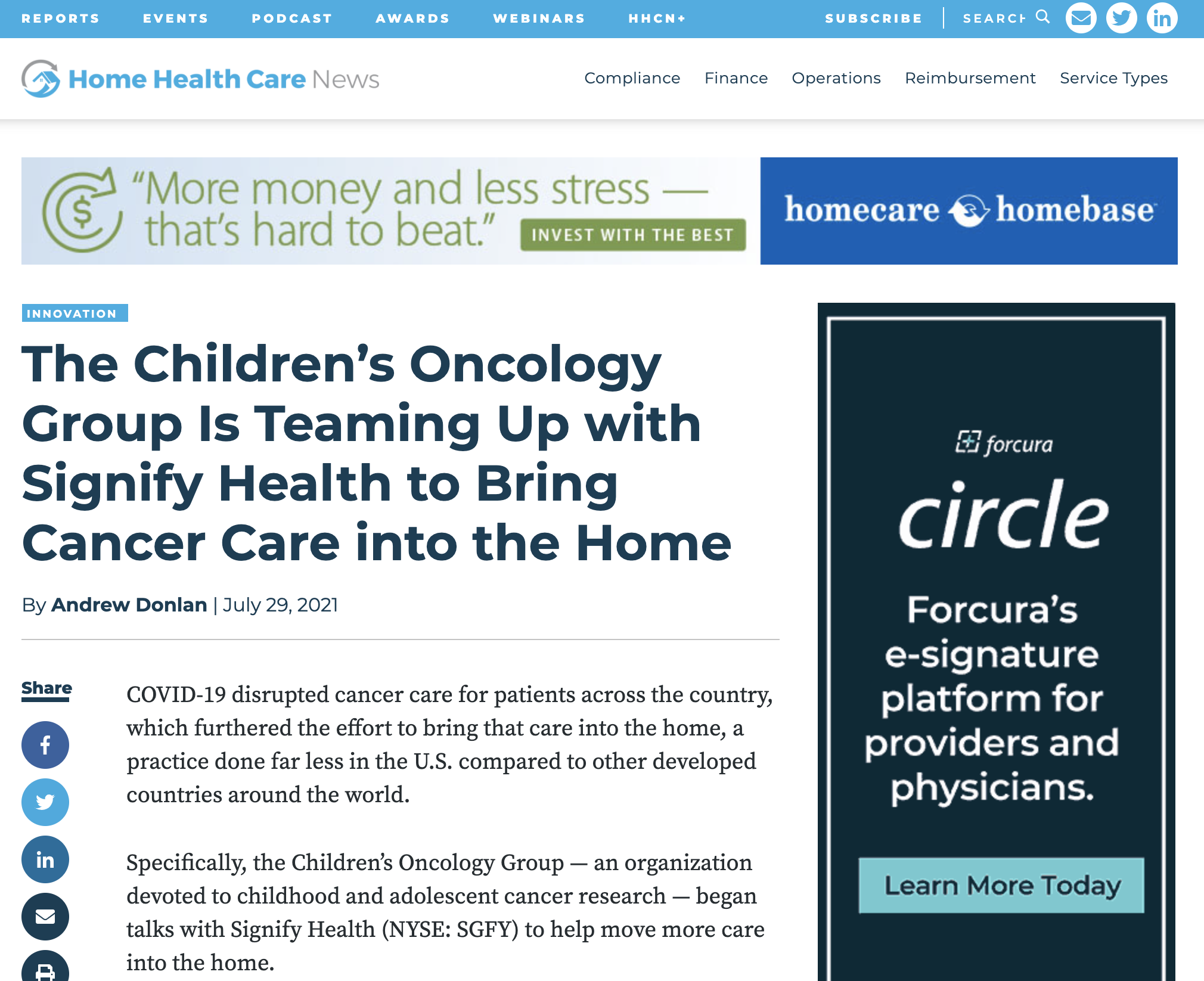 Home Health Care News: The Children’s Oncology Group Is Teaming Up with Signify Health to Bring Cancer Care into the Home