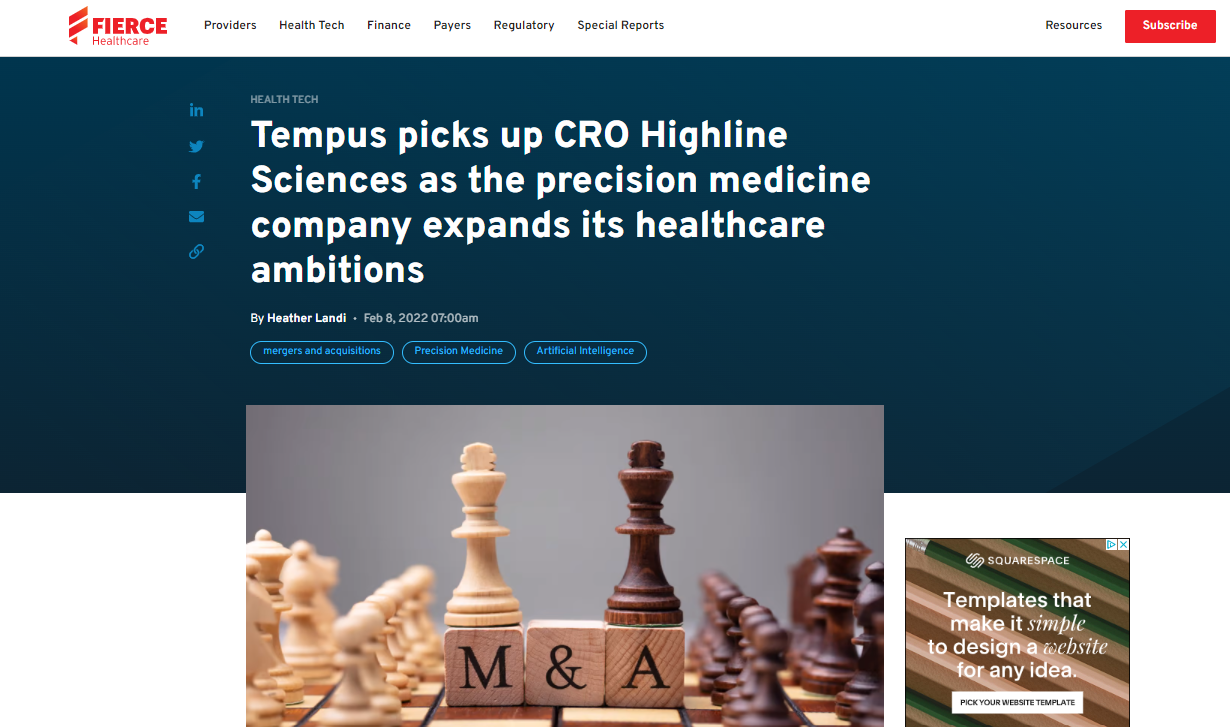 Fierce Healthcare: Tempus picks up CRO Highline Sciences as the precision medicine company expands its healthcare ambitions