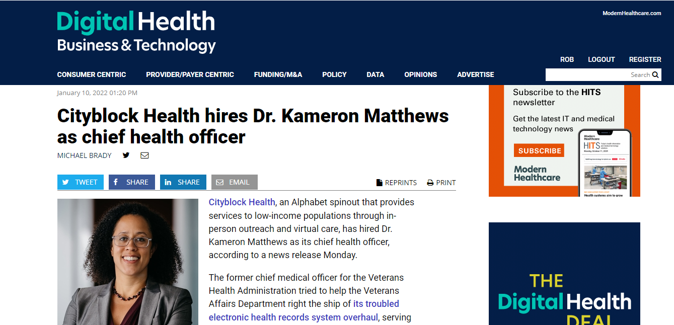 Modern Healthcare Digital Health: Cityblock Health hires Dr. Kameron Matthews as chief health officer