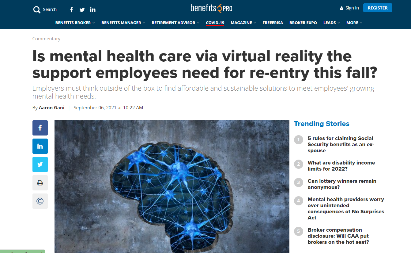 BenefitsPRO: Is mental health care via virtual reality the support employees need for re-entry this fall?