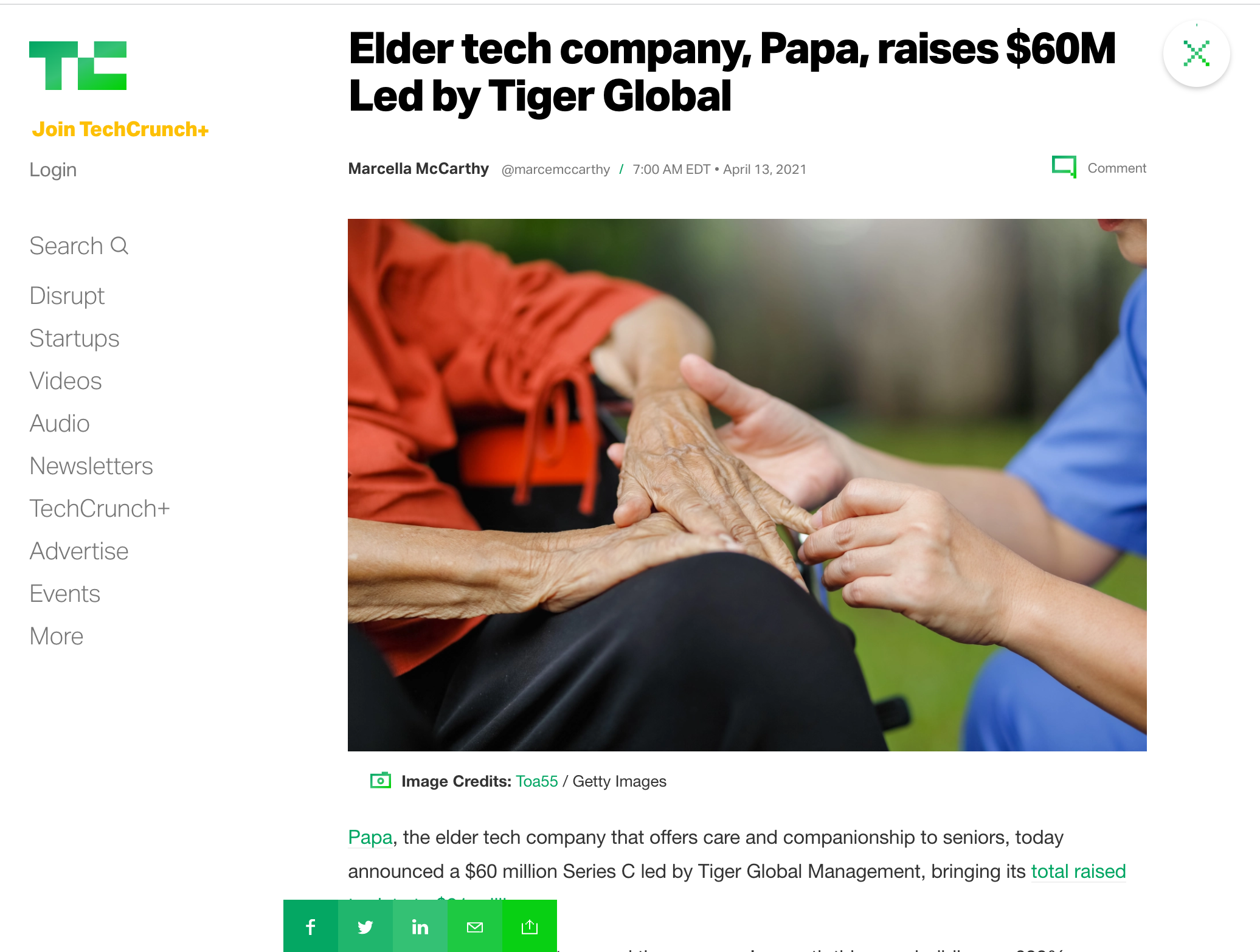 TechCrunch: Elder Tech Company, Papa, Raises $60M Led by Tiger Global