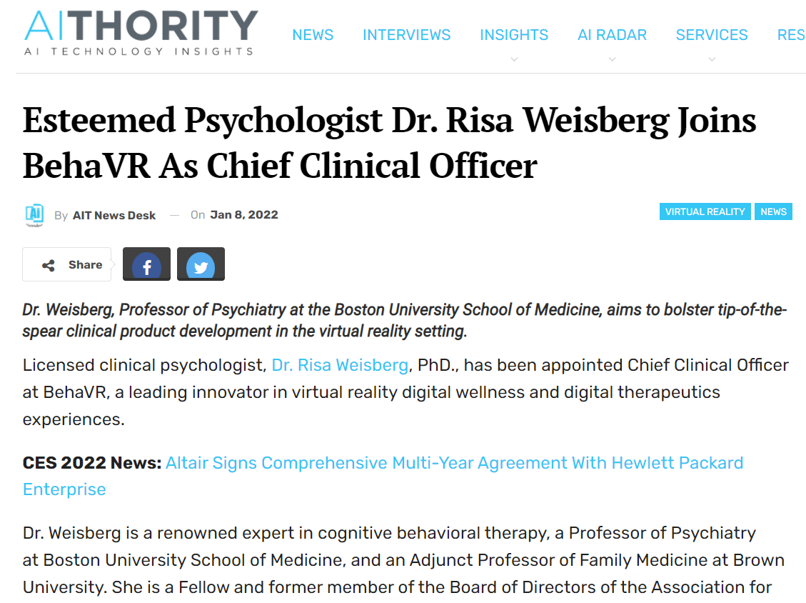AiThority: Esteemed Psychologist Dr. Risa Weisberg Joins BehaVR As Chief Clinical Officer