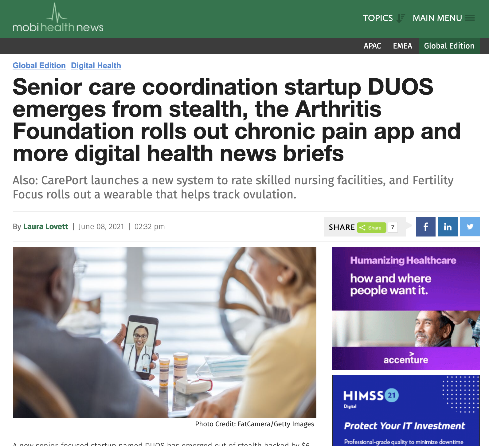 MobiHealth News: Senior Care Coordination Startup DUOS Emerges From Stealth, the Arthritis Foundation Rolls Out Chronic Pain App and More Digital Health News Briefs