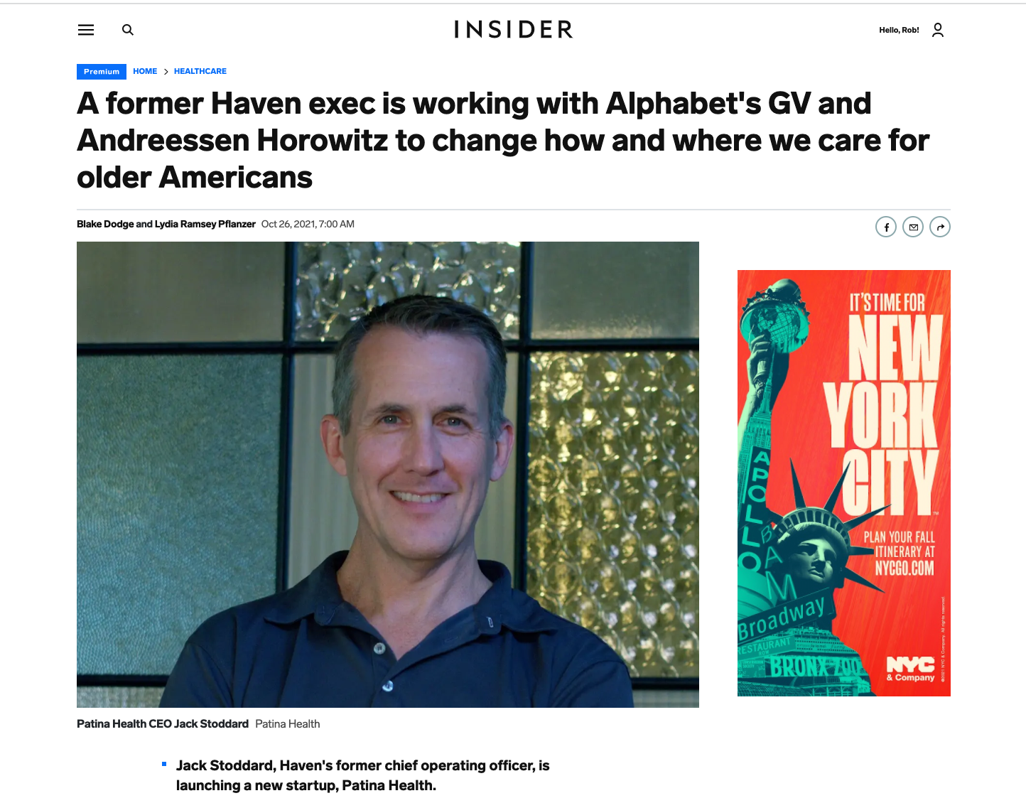 Business Insider: A Former Haven Exec is Working with Alphabet's GV and Andreessen Horowitz to Change How and Where We Care for Older Americans