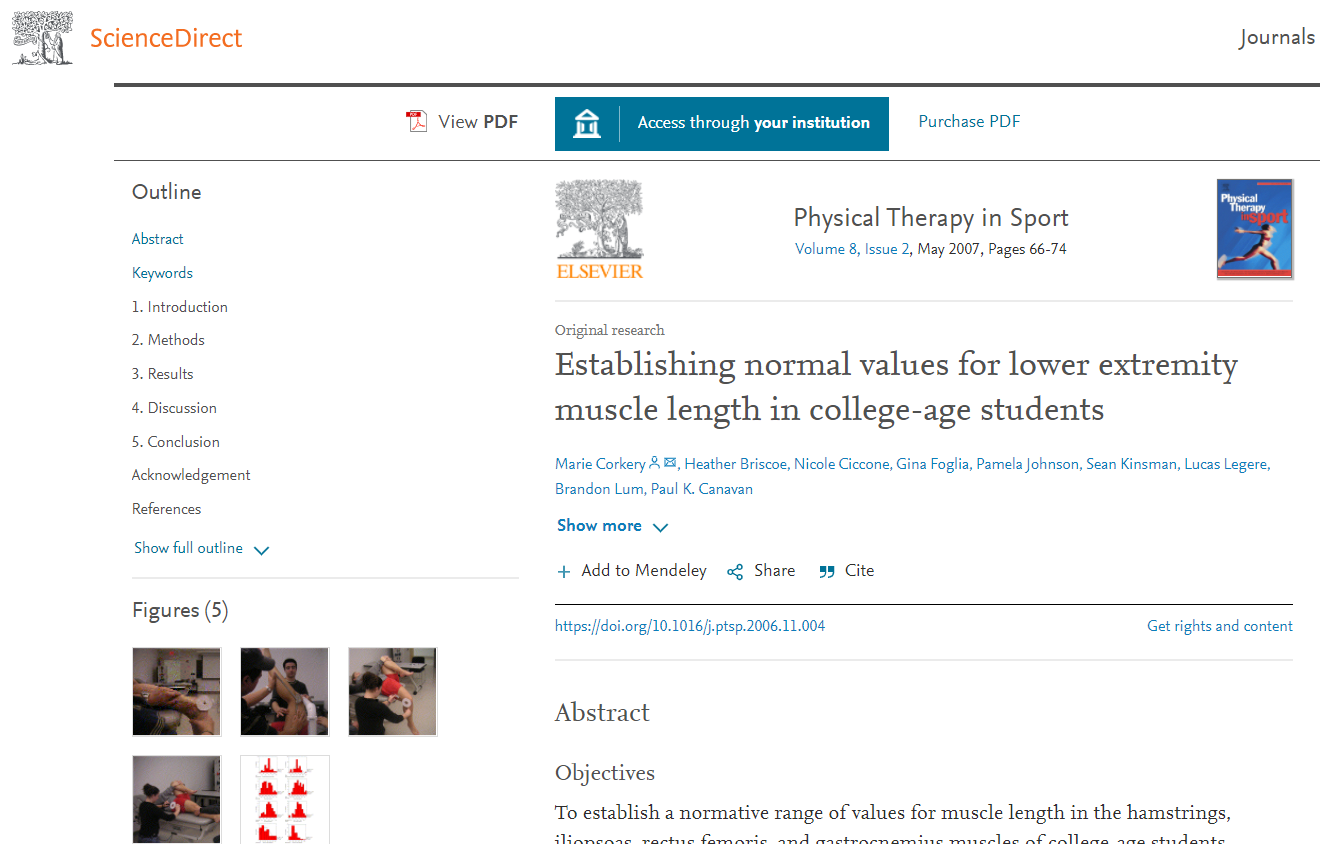 ScienceDirect: Establishing normal values for lower extremity muscle length in college-age students