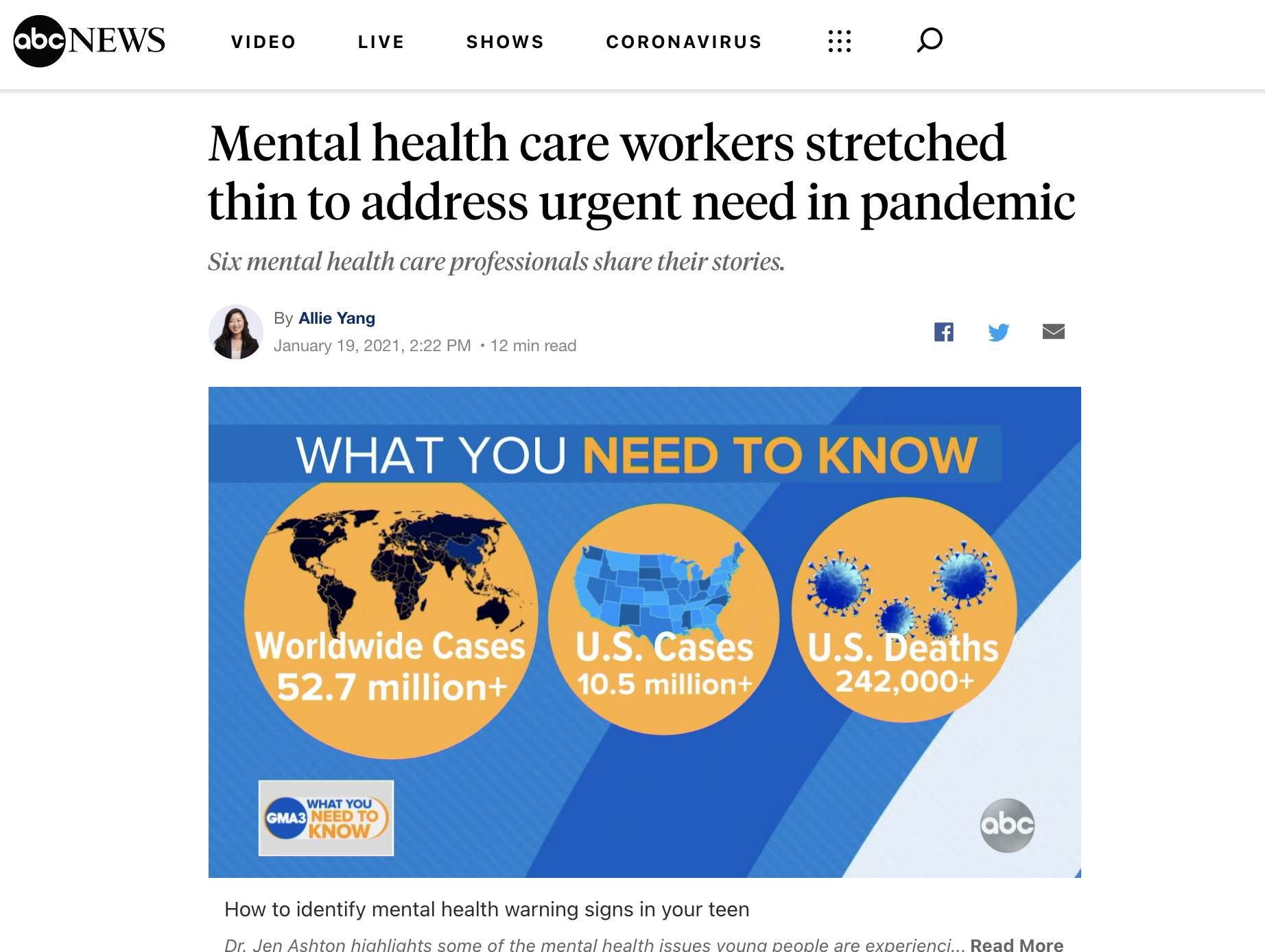 ABC News: Mental Health Care Workers Stretched Thin to Address Urgent Need in Pandemic