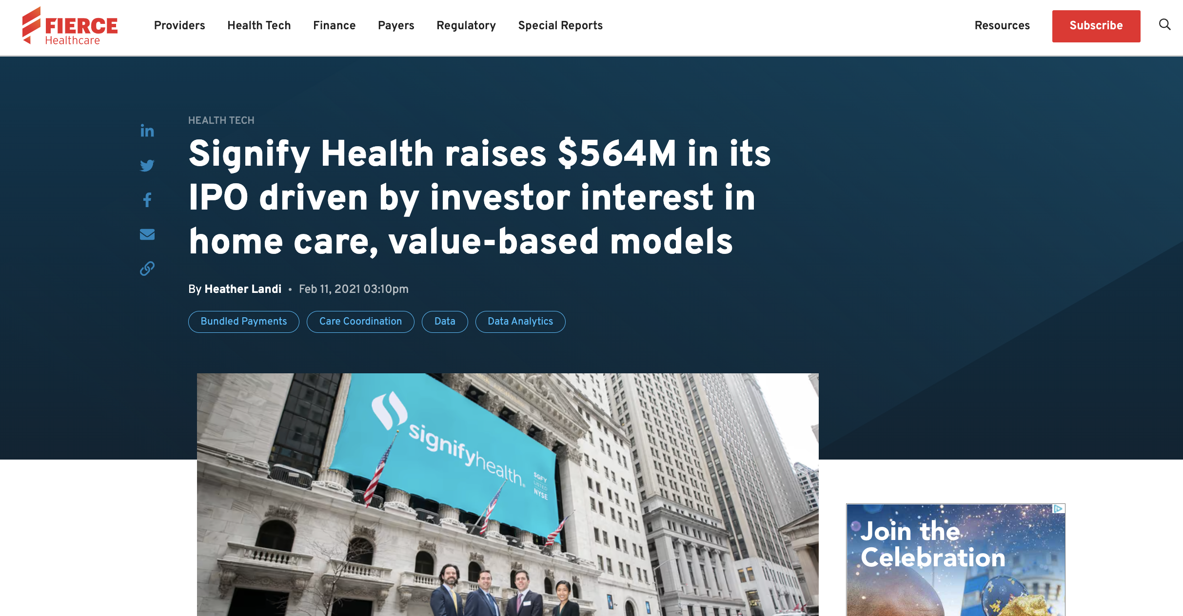 Fierce Healthcare: Signify Health Raises $564M in Its IPO Driven By Investor Interest In Home Care, Value-Based Models