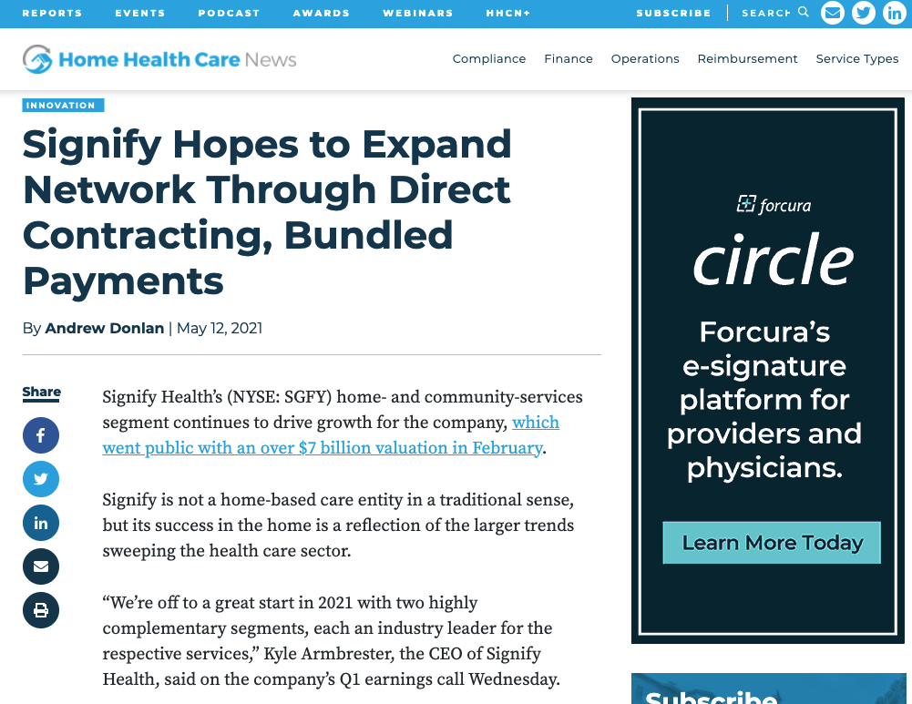Home Health Care News: Signify Hopes to Expand Network Through Direct Contracting, Bundled Payments