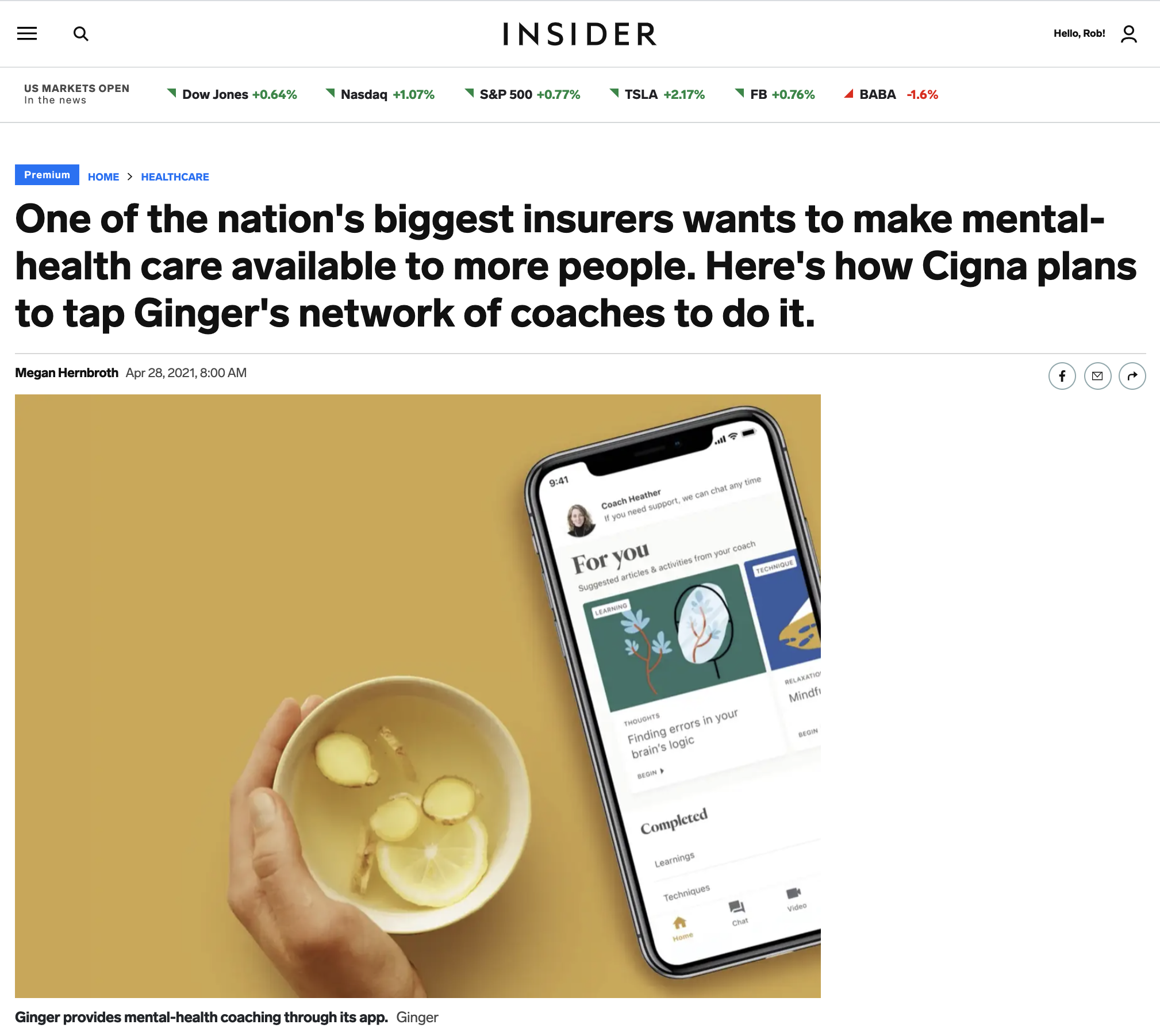Business Insider: One of the Nation's Biggest Insurers Wants to Make Mental-Health Care Available to More People. Here's How Cigna Plans to Tap Ginger's Network of Coaches to Do It.