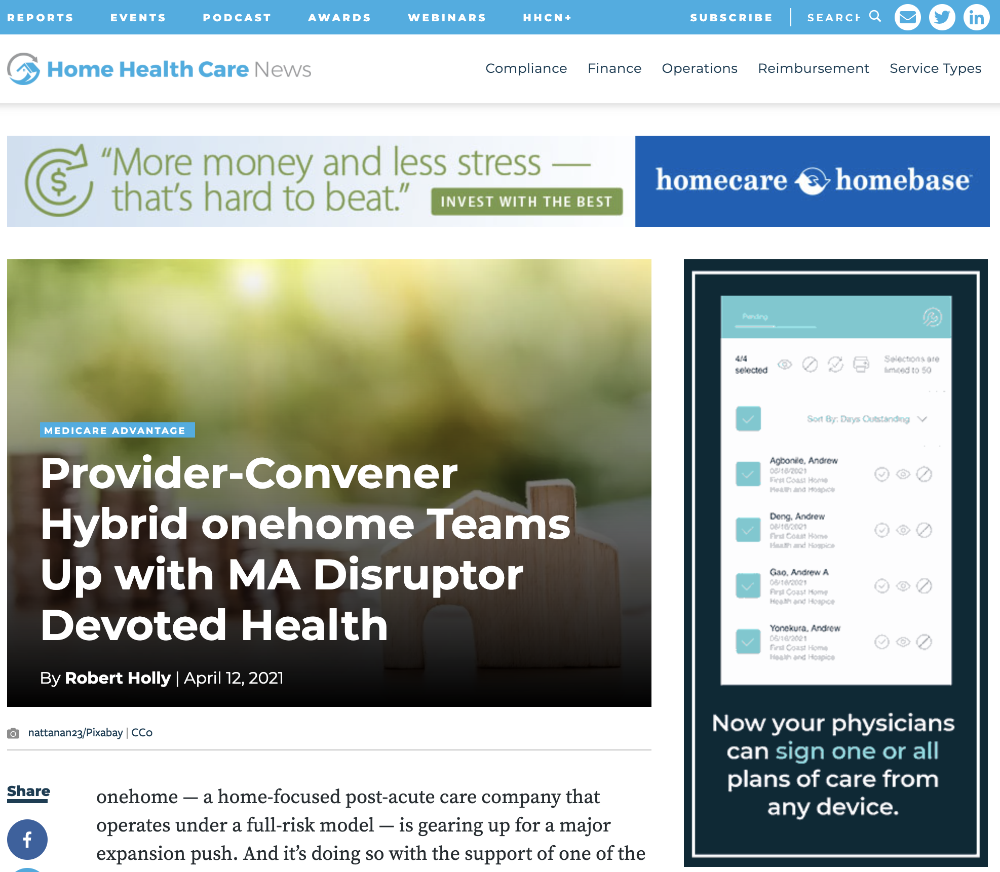 Home Health Care News: Provider-Convener Hybrid onehome Teams Up with MA Disruptor Devoted Health